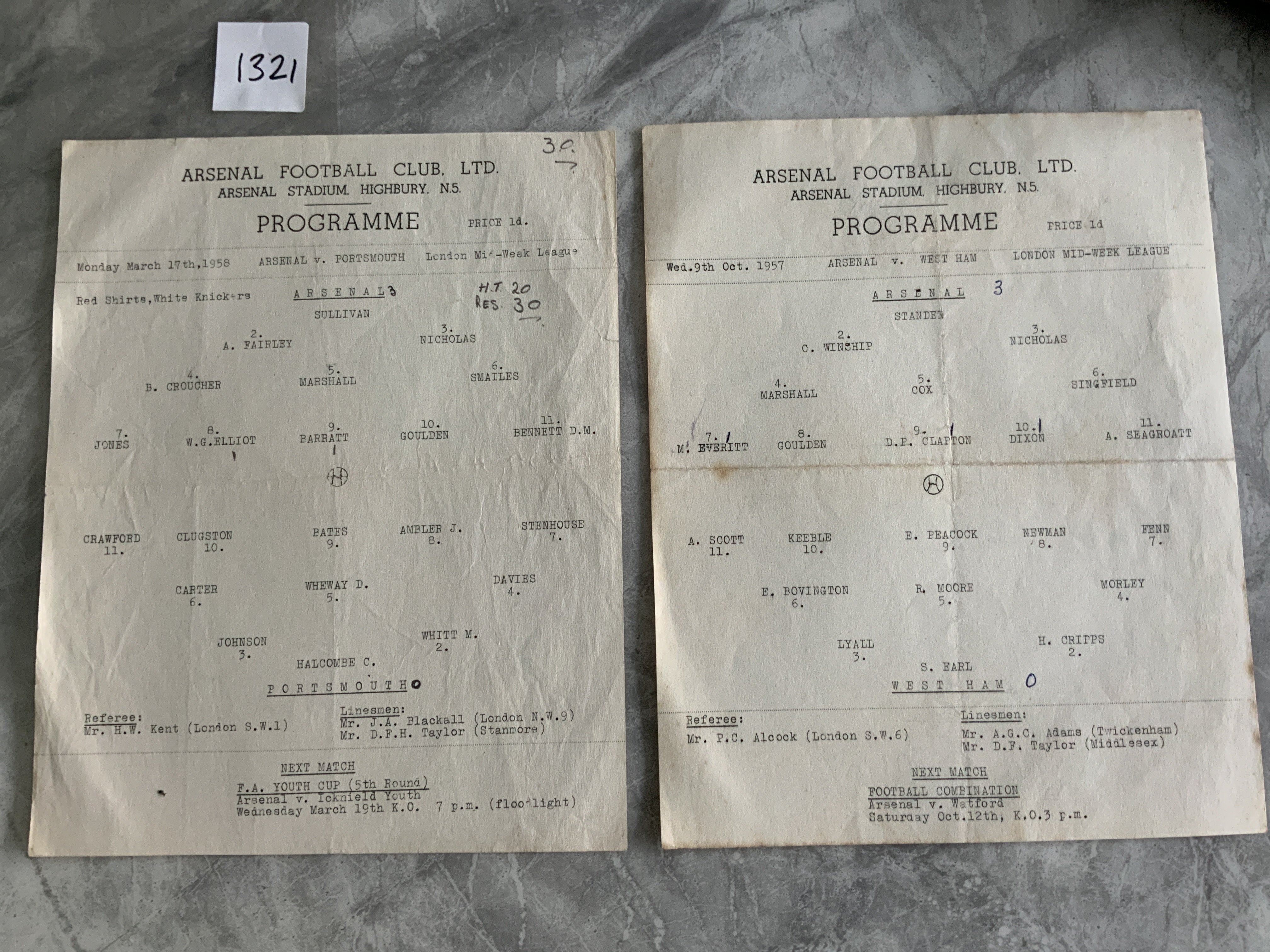 57/58 Arsenal LMWL Football Programmes: Single sheets with score and scorers noted v Portsmouth and West Ham. Good condition. (2)