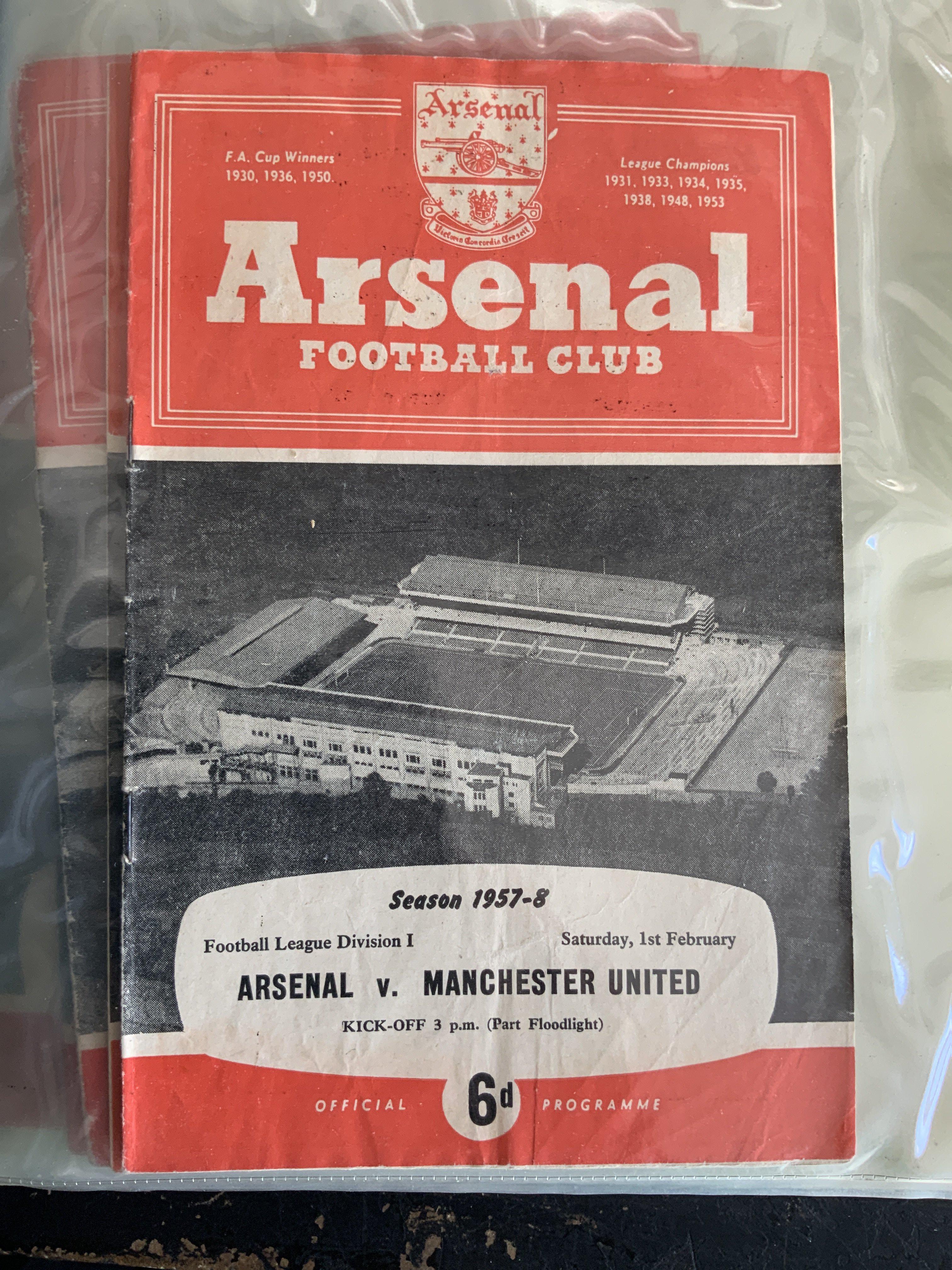 57/58 Arsenal Complete 1st Team + Reserves Football Programmes: Home programmes with all 24 first team including a few friendlies and the Busby Babes Manchester United match. C/W 21 from the Football Combination which is probably also complete. Majority good. (45)