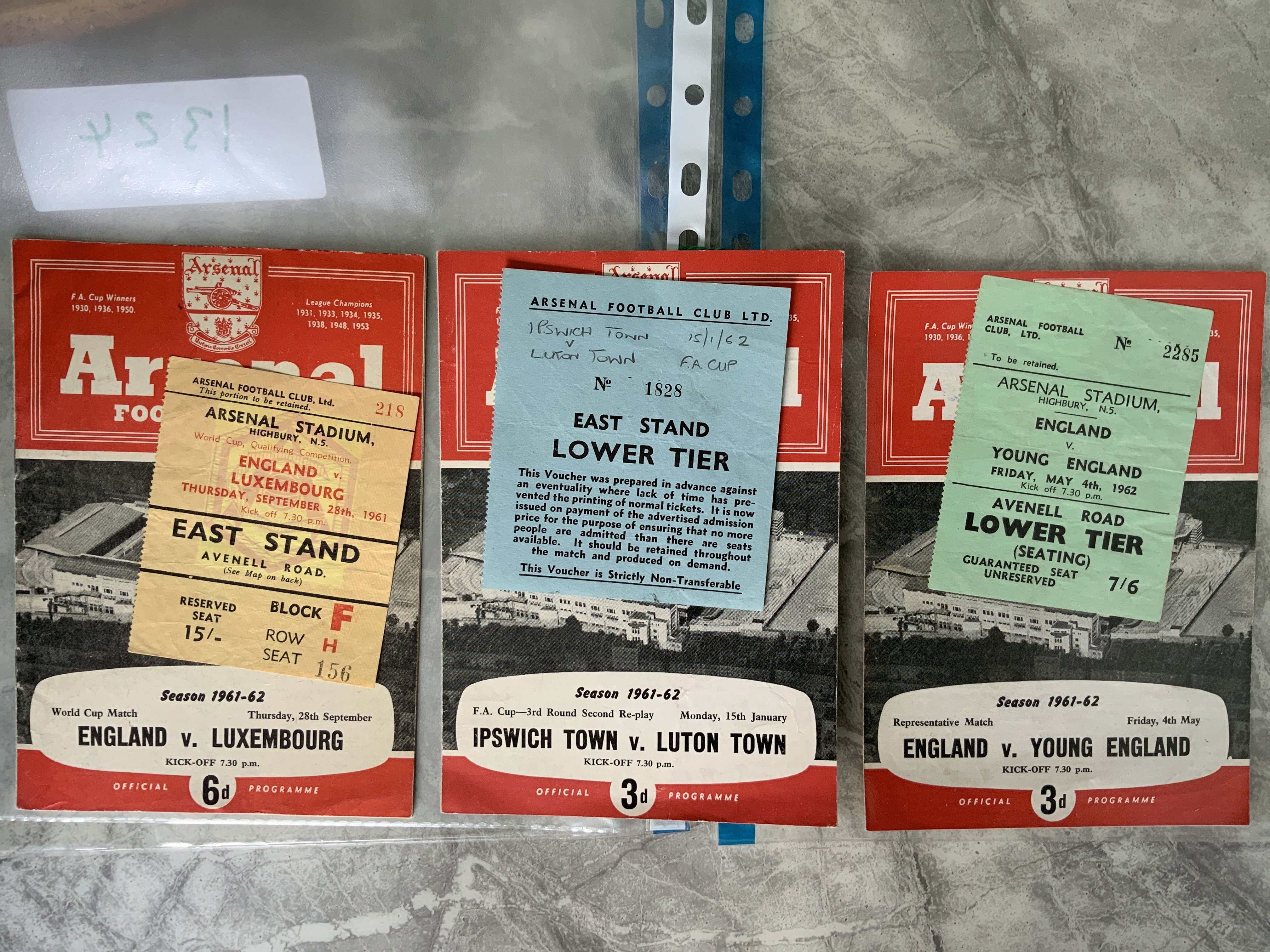 61/62 Programmes + Tickets Of Matches At Arsenal: Ipswich v Luton FA Cup, England v Luxembourg full international plus England v Young England. Good. (6)