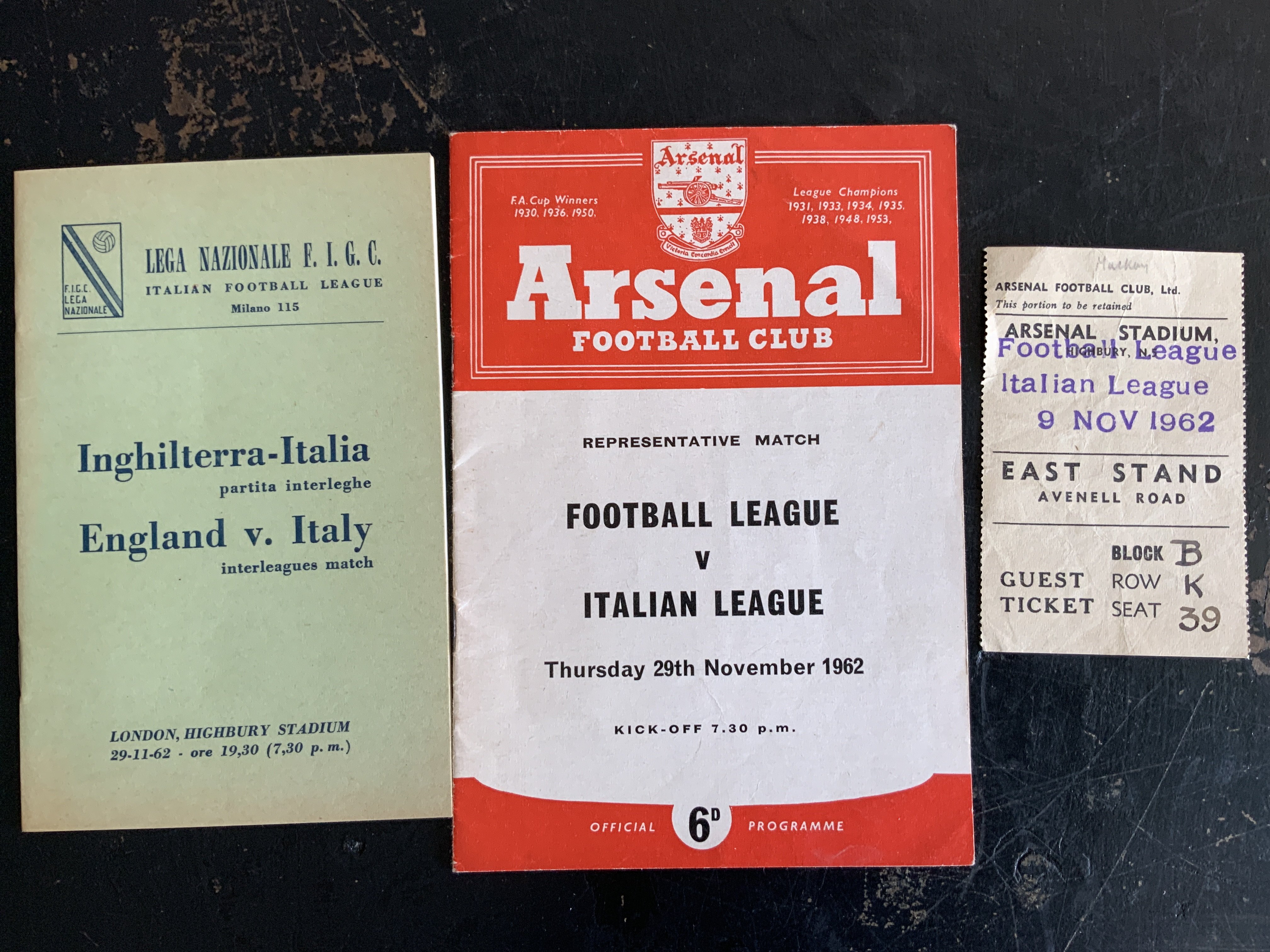 62/63 Football Programmes + Tickets Played At Arsenal: Football League v Italian League with Italian players itinerary, England v Football League and Bangor v Napoli. All 3 programmes have accompanying tickets. Please note the Bangor has a ticket that is not dated and does not state match. (7)