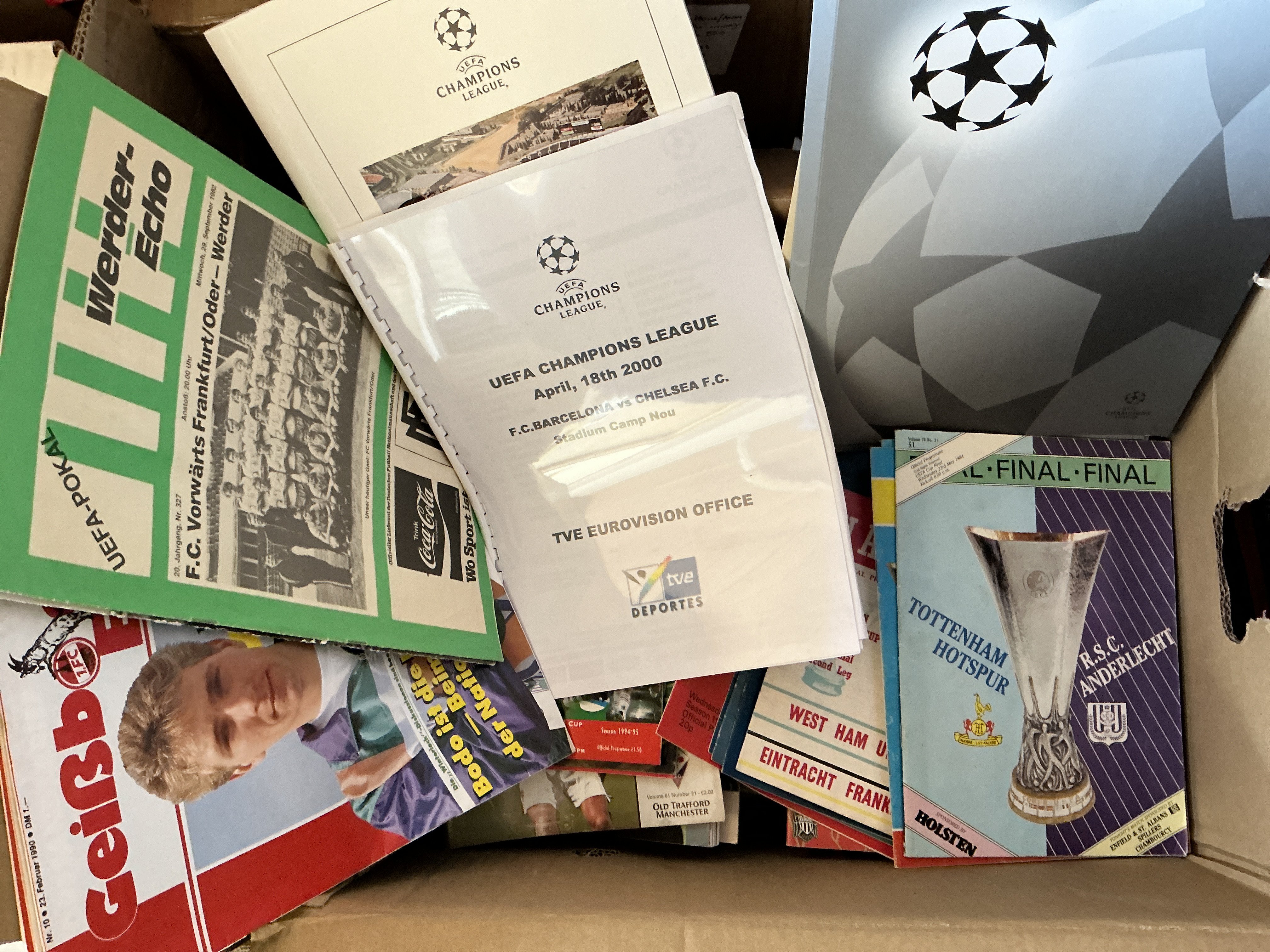 British Club v Europe Club Football Programmes: Played in Britain to include many different clubs. Good Modern Tottenham and Liverpool large scale programmes. Excellent. (180)