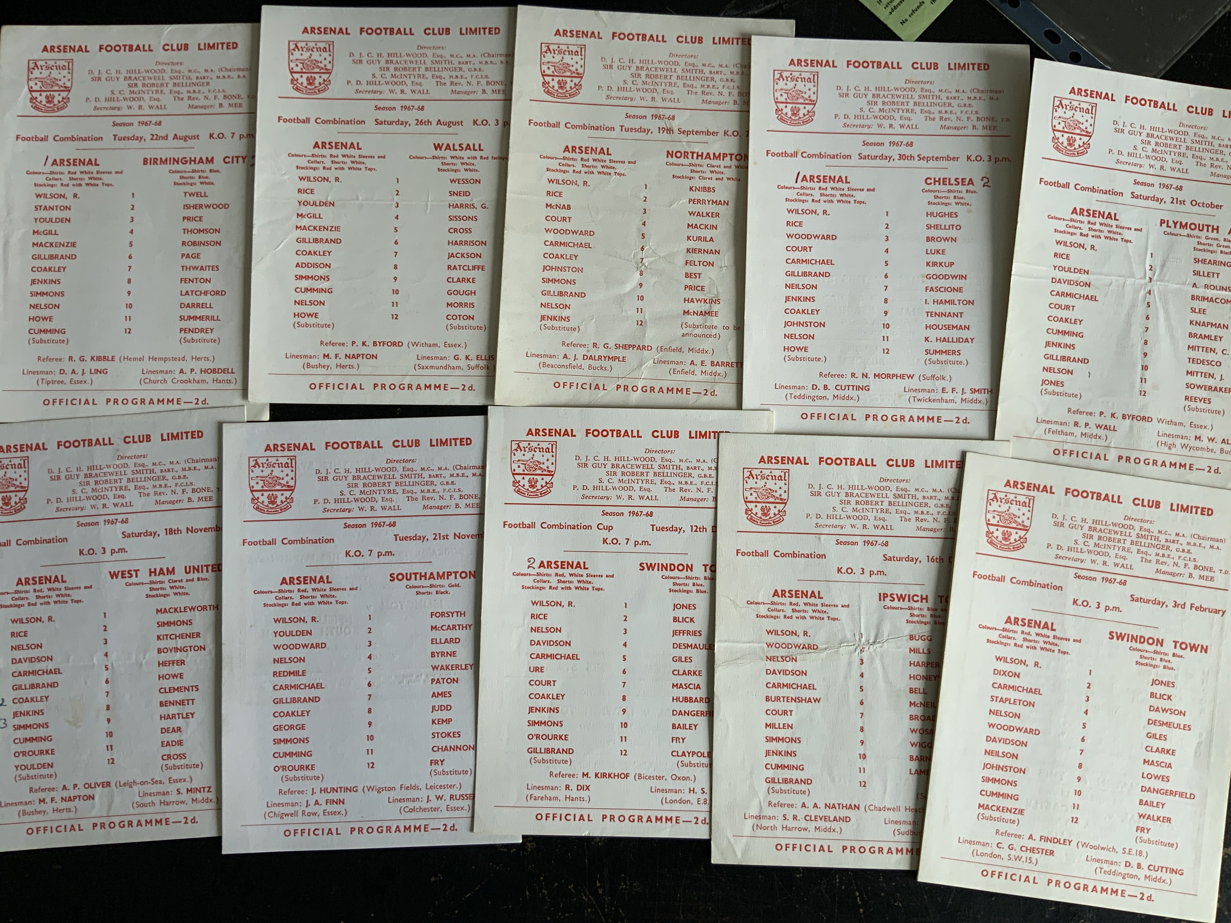 Arsenal 67/68 Reserves + Youth Football Programmes: Probable complete set of 20 Football Combination + Cup, 4 x SJFC and a Metropolitan League v Chatham and Bedford. (26)