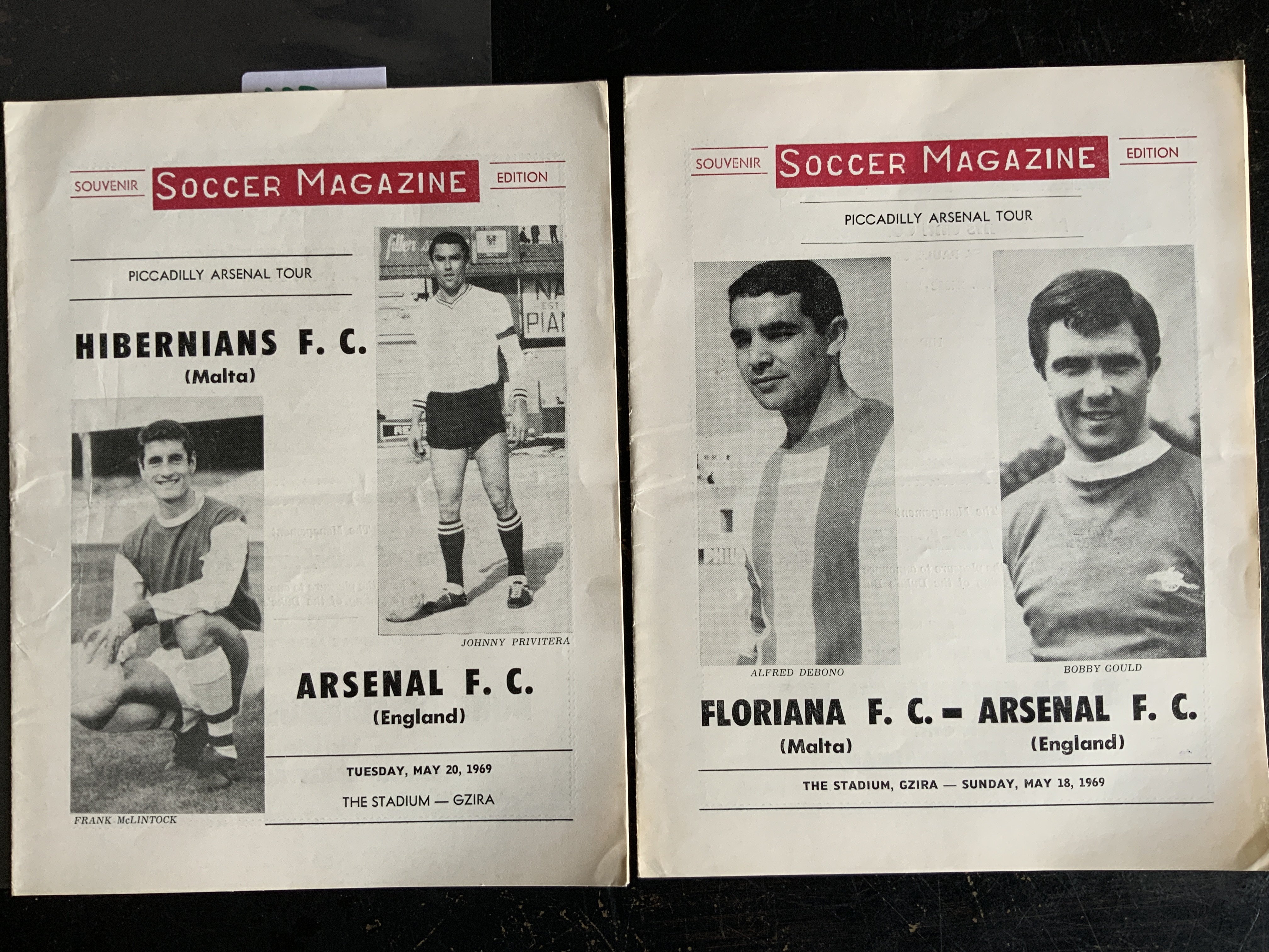 68/69 Arsenal Maltese Tour Football Programmes: Away programmes at Floriana and Hibernians both played in May 1969. Very good with no writing. (2)