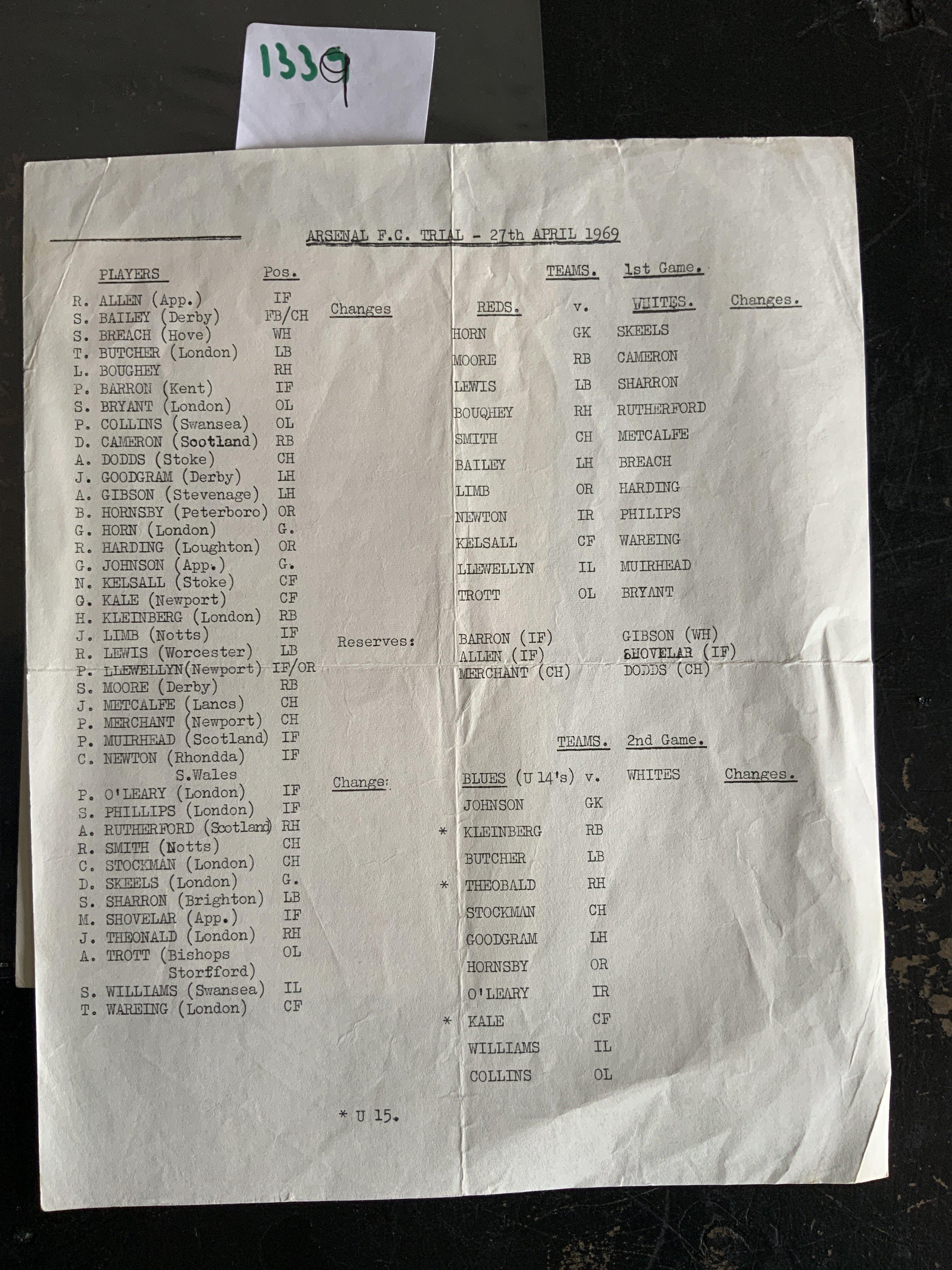 68/69 Arsenal Trial Football Programme: Single sheet dated 27 4 1969 for Reds v Whites and Blues v Whites on one unwritten page with fold. C/W London v Glasgow Schools single unwritten card dated 14 3 1969. (2)