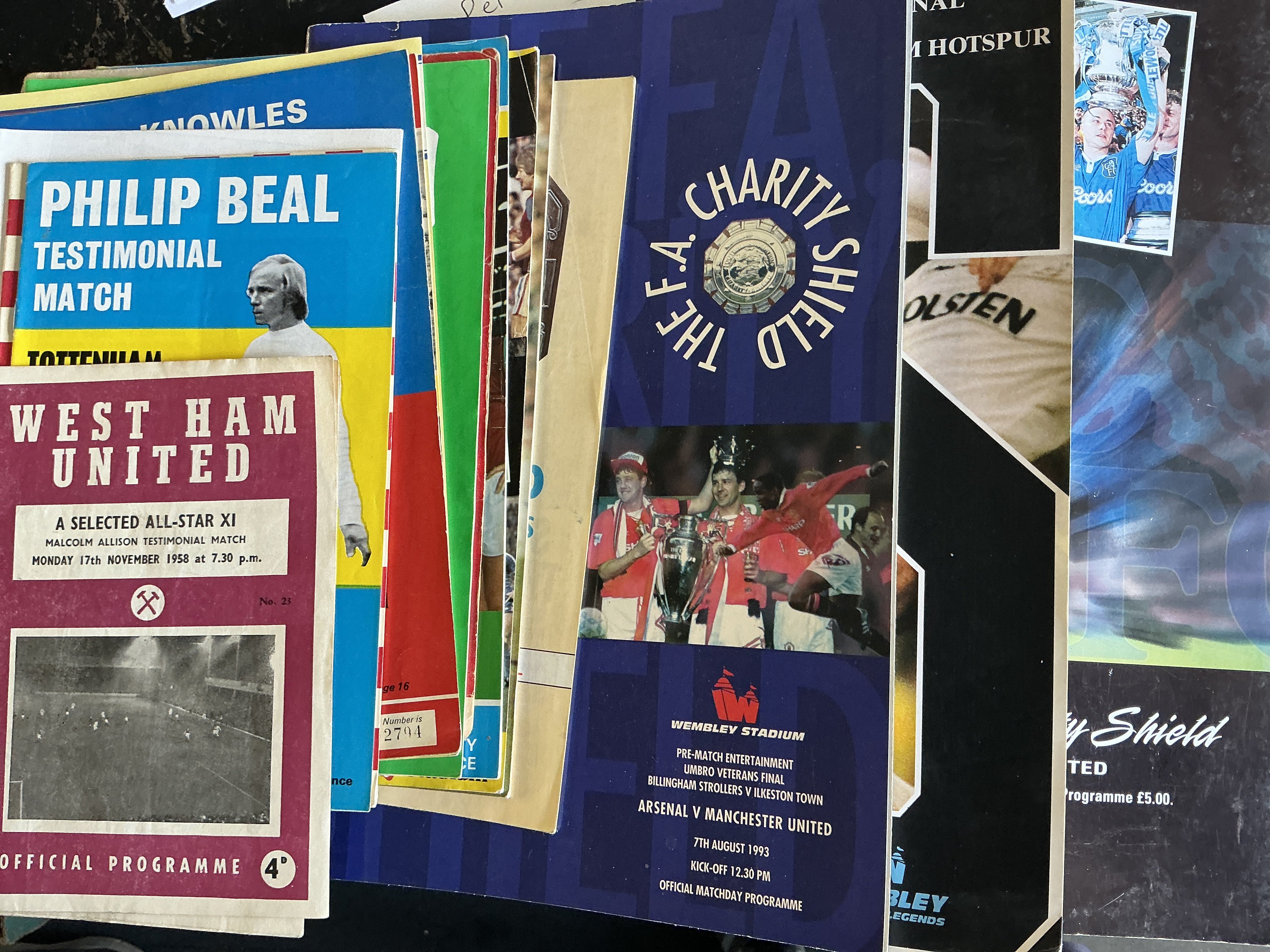 Testimonial + Charity Shield Football Programmes: Good condition from the 60s onwards. (120)