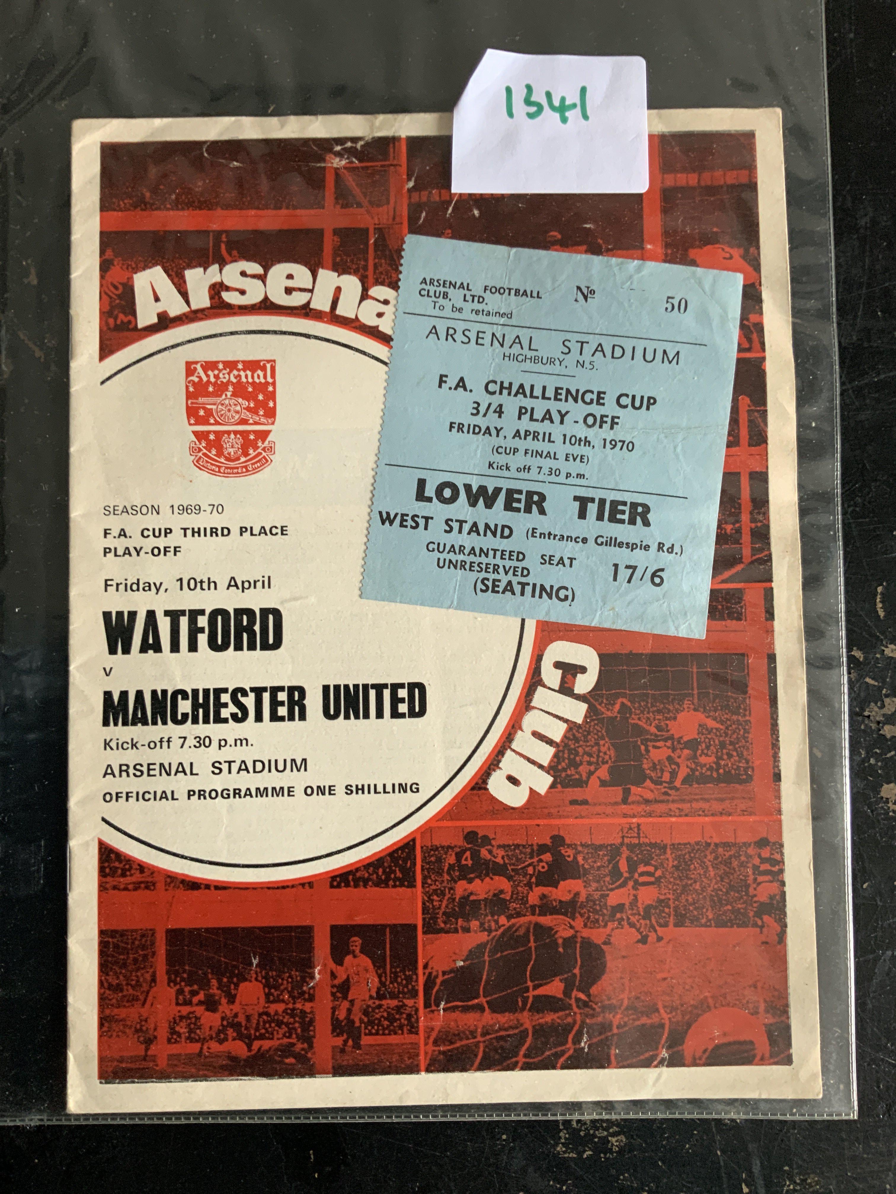 69/70 Watford v Manchester United FA Cup Play Off Football Ticket: Played at Arsenal between both losing semi finalists. C/W programme. (2)