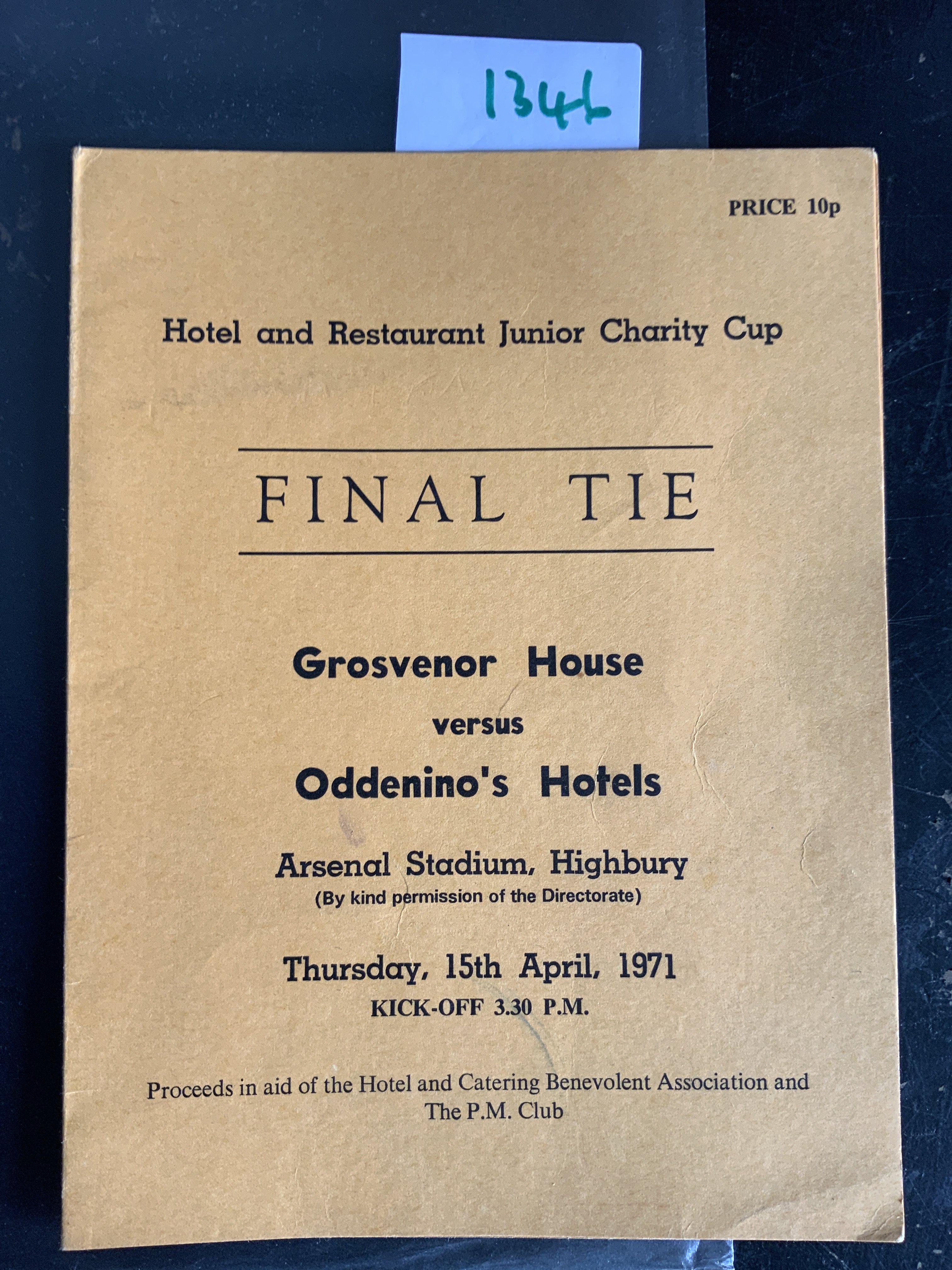 70/71 At Arsenal Hotels Football Programme: Rare Grosvenor House v Oddeninos Hotels dated 15 4 1971 played at Highbury. Excellent condition 4 page card with no team changes.