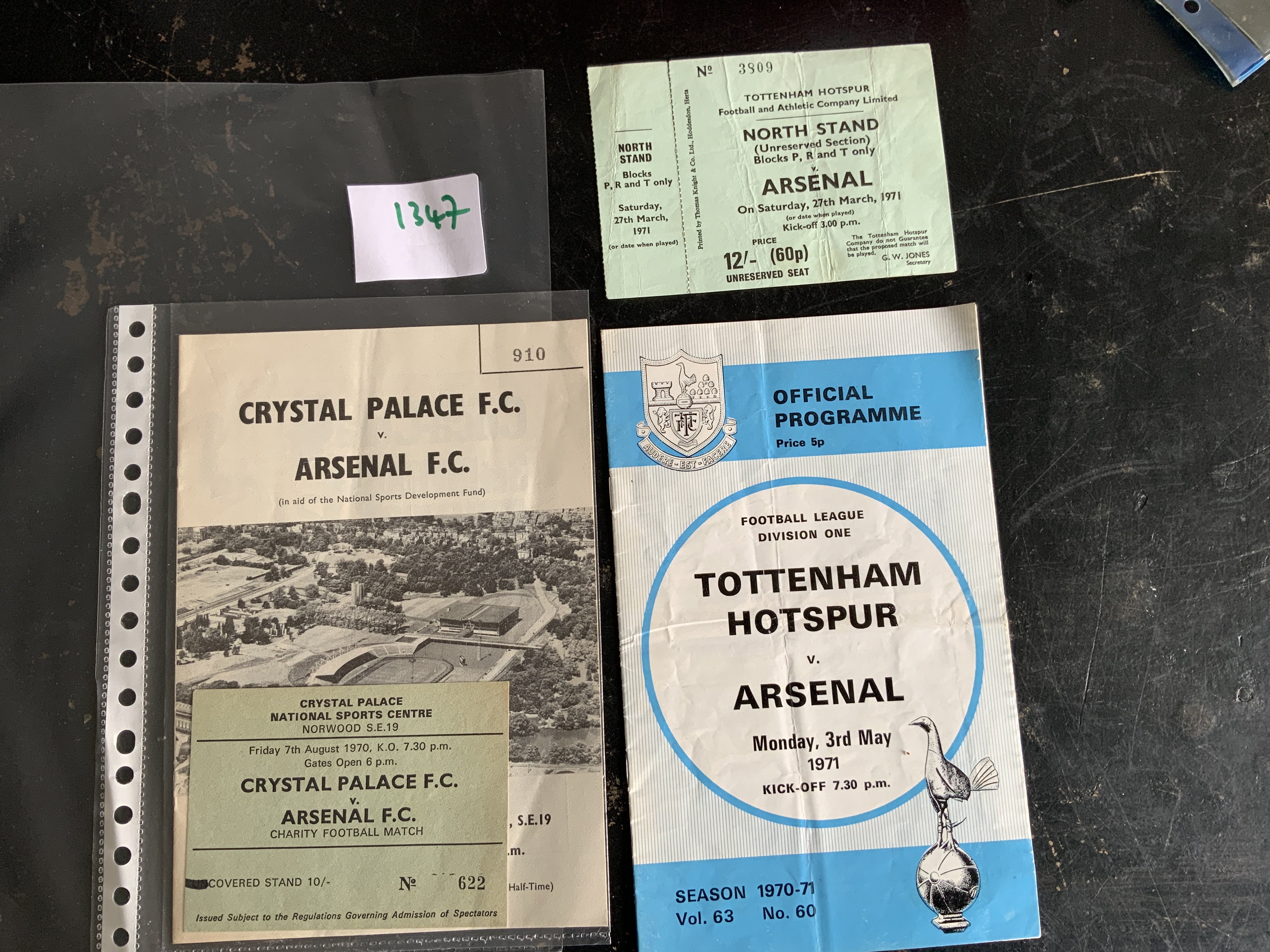 Arsenal 70/71 Away Football Programmes + Tickets: Famous last match of the double season away to Tottenham plus a pre season friendly at Crystal Palace. Programme + ticket for both. Please note unused Spurs ticket is dated 27 3 71 which was postponed. (4)