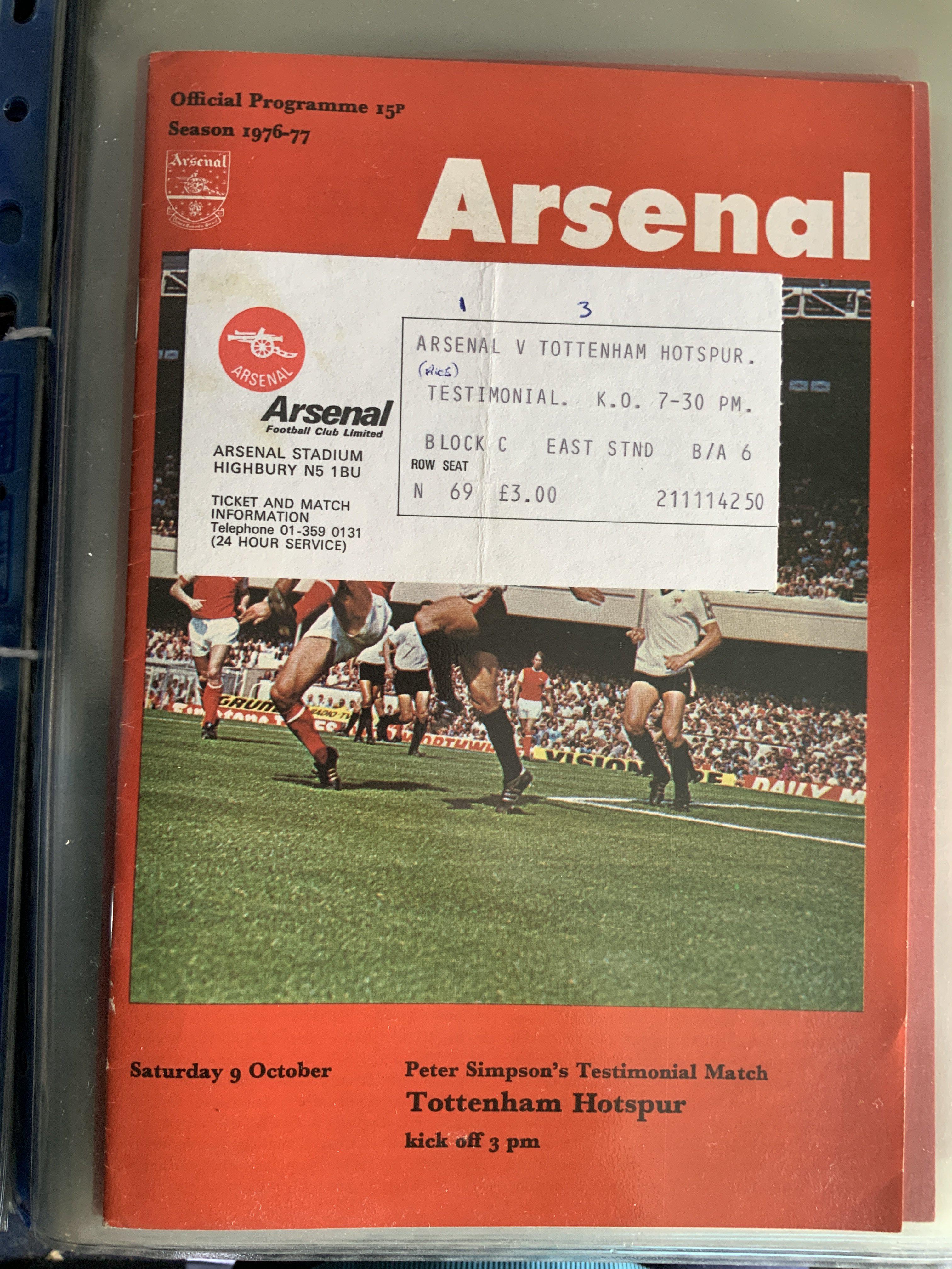 Arsenal 76/77 Football Programme + Ticket Collection: 29 1st team homes with accompanying tickets. Includes Manchester United, and testimonials for Radford and Simpson. (58)