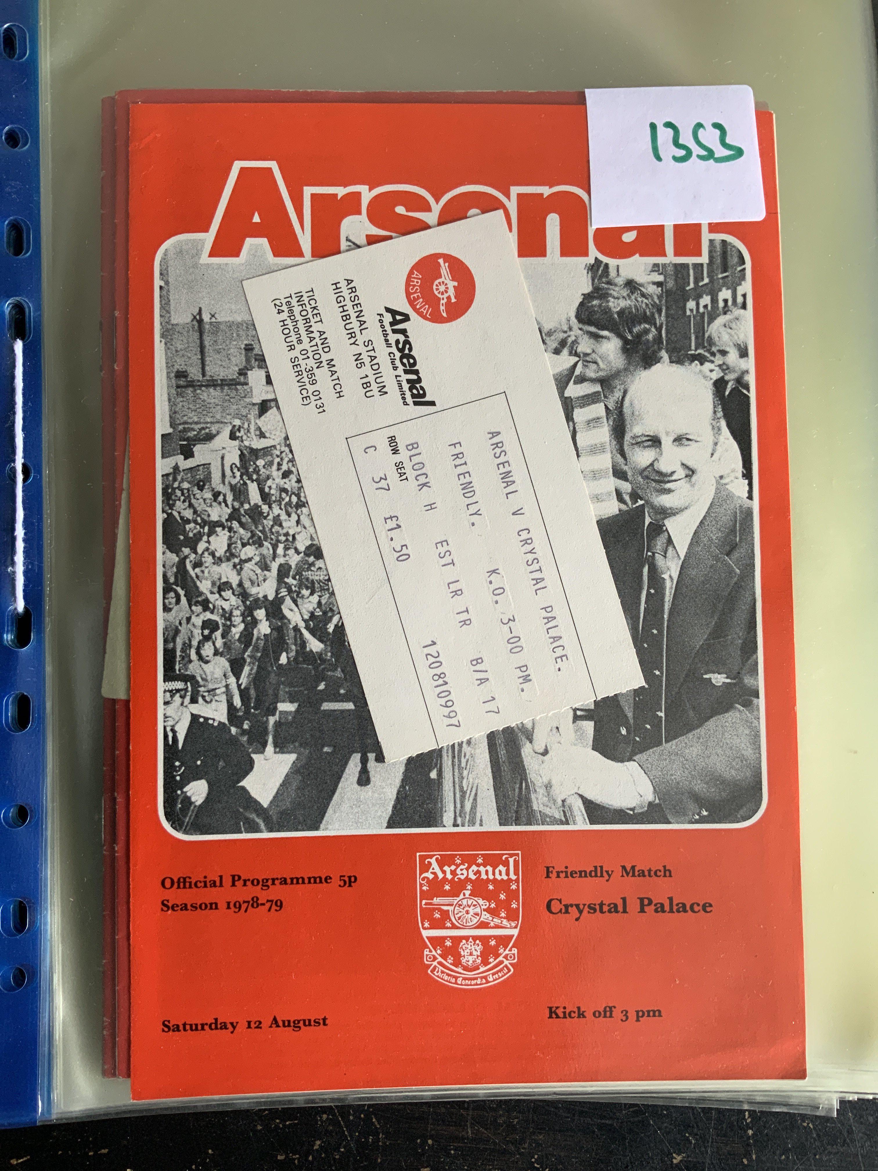 Arsenal 78/79 Football Programme + Ticket Collection: 28 1st team homes with accompanying tickets. Quantity in collectors folder. Tickets include Manchester United, Crystal Palace friendly and 3 European opponents. (56)