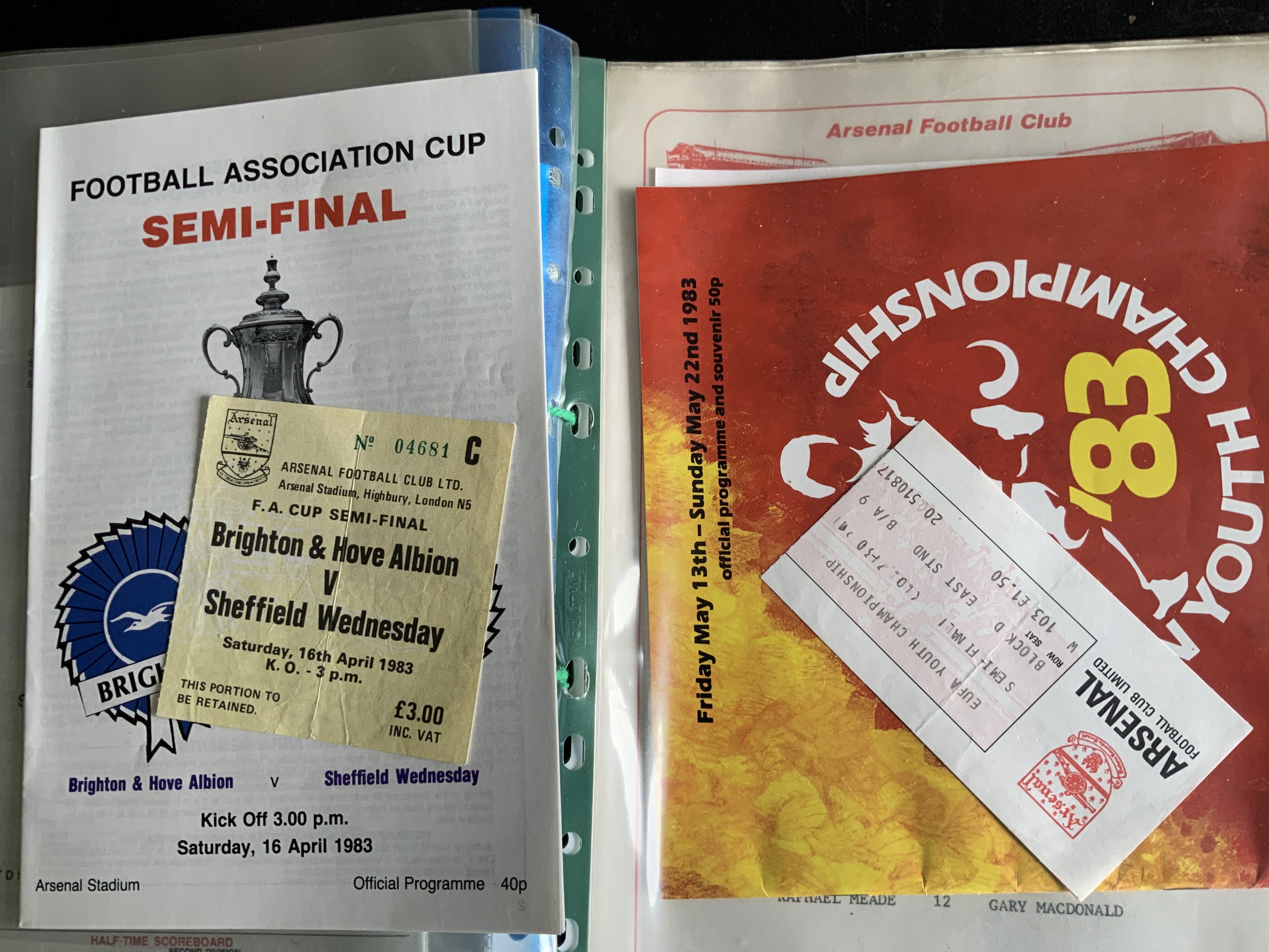 Arsenal 82/83 Football Programme + Ticket Collection: 32 1st team homes with accompanying tickets plus a probable complete set of reserve sheets with youth cup. Quantity in collectors folder. Tickets include Manchester United League Cup SF and Spartak Moscow. C/W an A4 page programme of London v Liverpool schools with a young Paul Ince and Darren Beckford. Other programmes with tickets include FA Cup SF and Youth tournament.