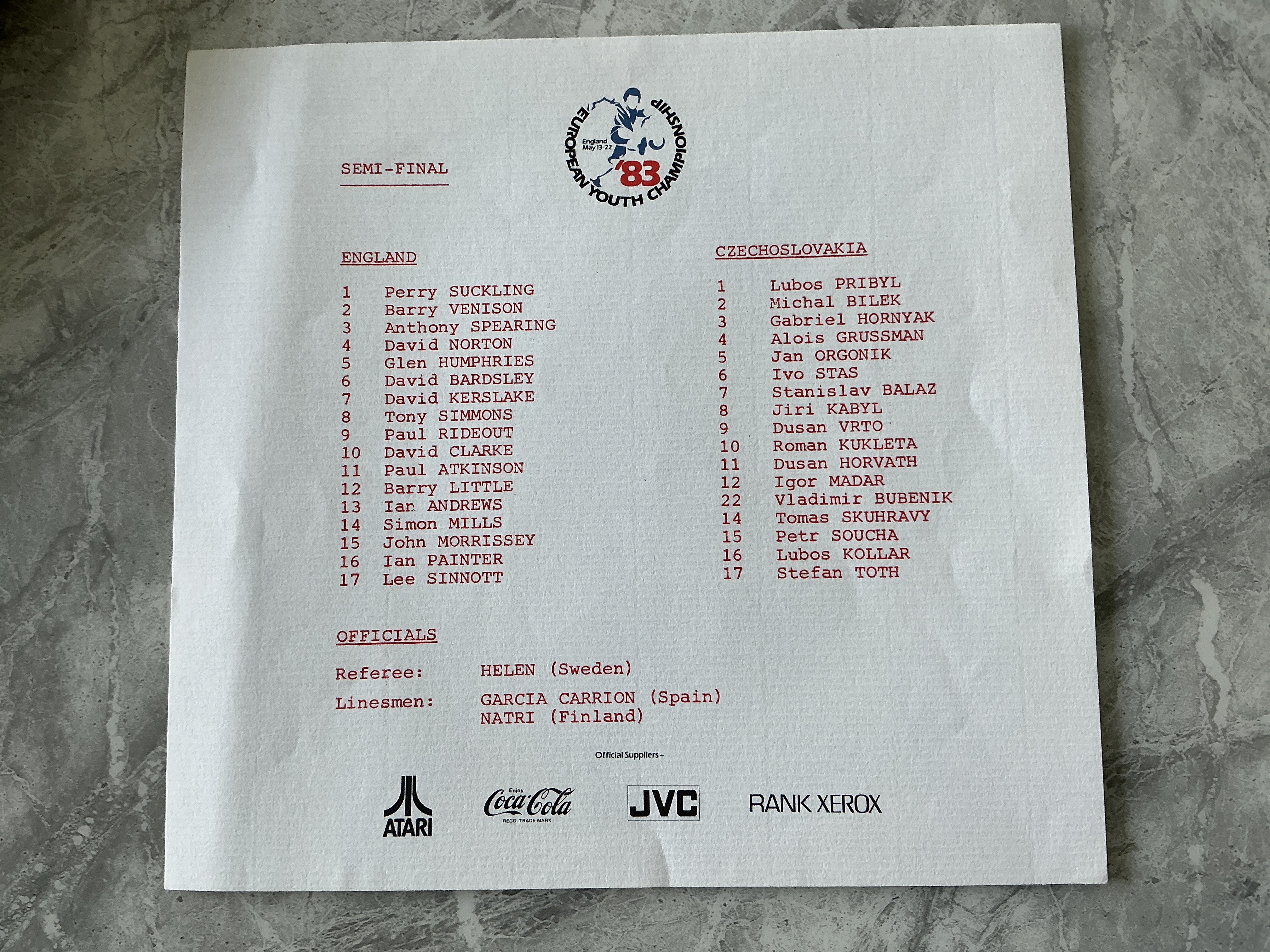 1983 Youth Semi Final England v Czechoslovakia Football Programme: Strictly speaking the team sheet given free in the press room at Arsenal in mint condition as a programme was issued for the tournament only which is not included.