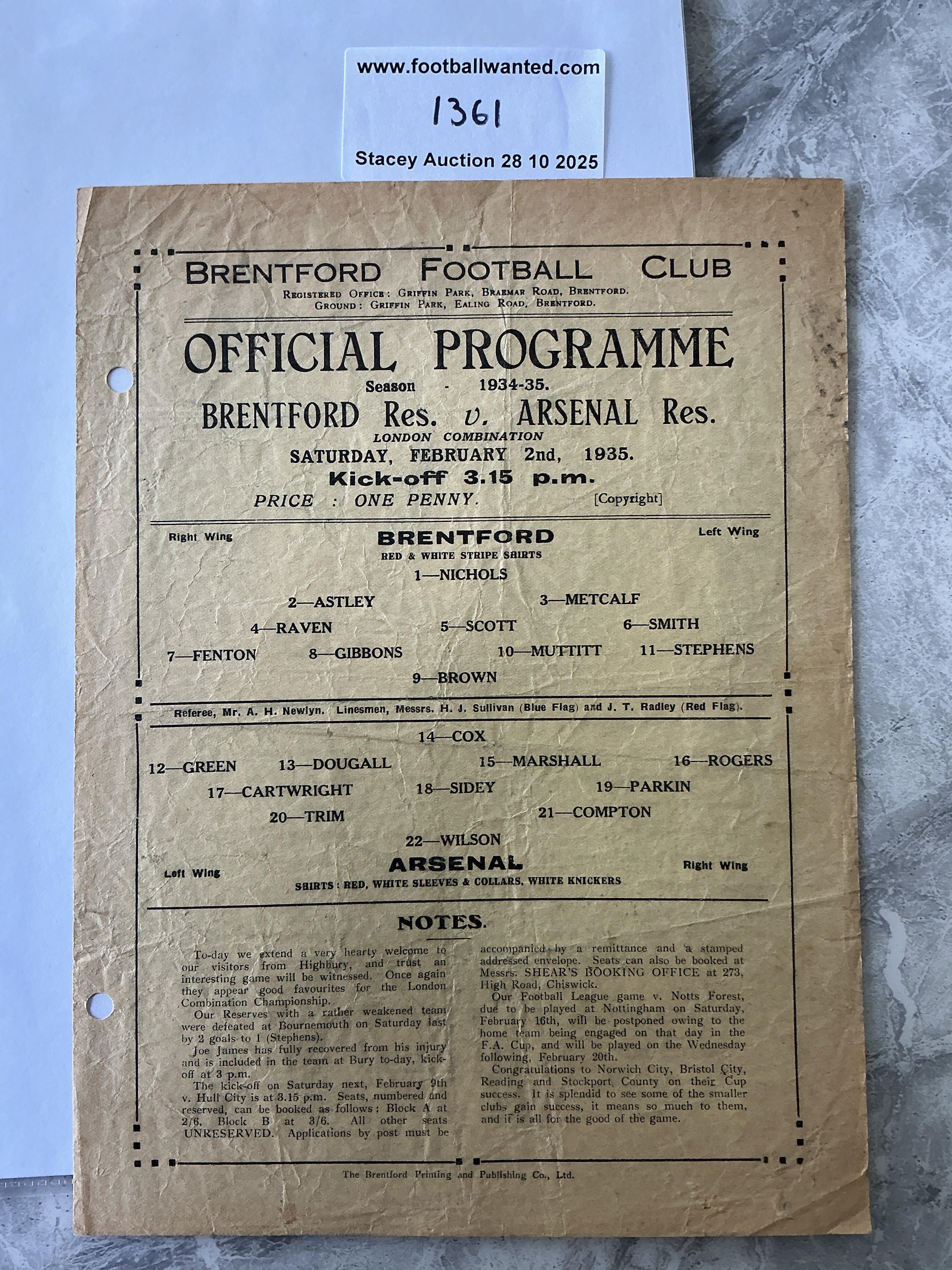 34/35 Brentford Reserves v Arsenal Football Programme: London Combination single sheet dated 2 2 1935. Two punch holes and creasing but no team changes.