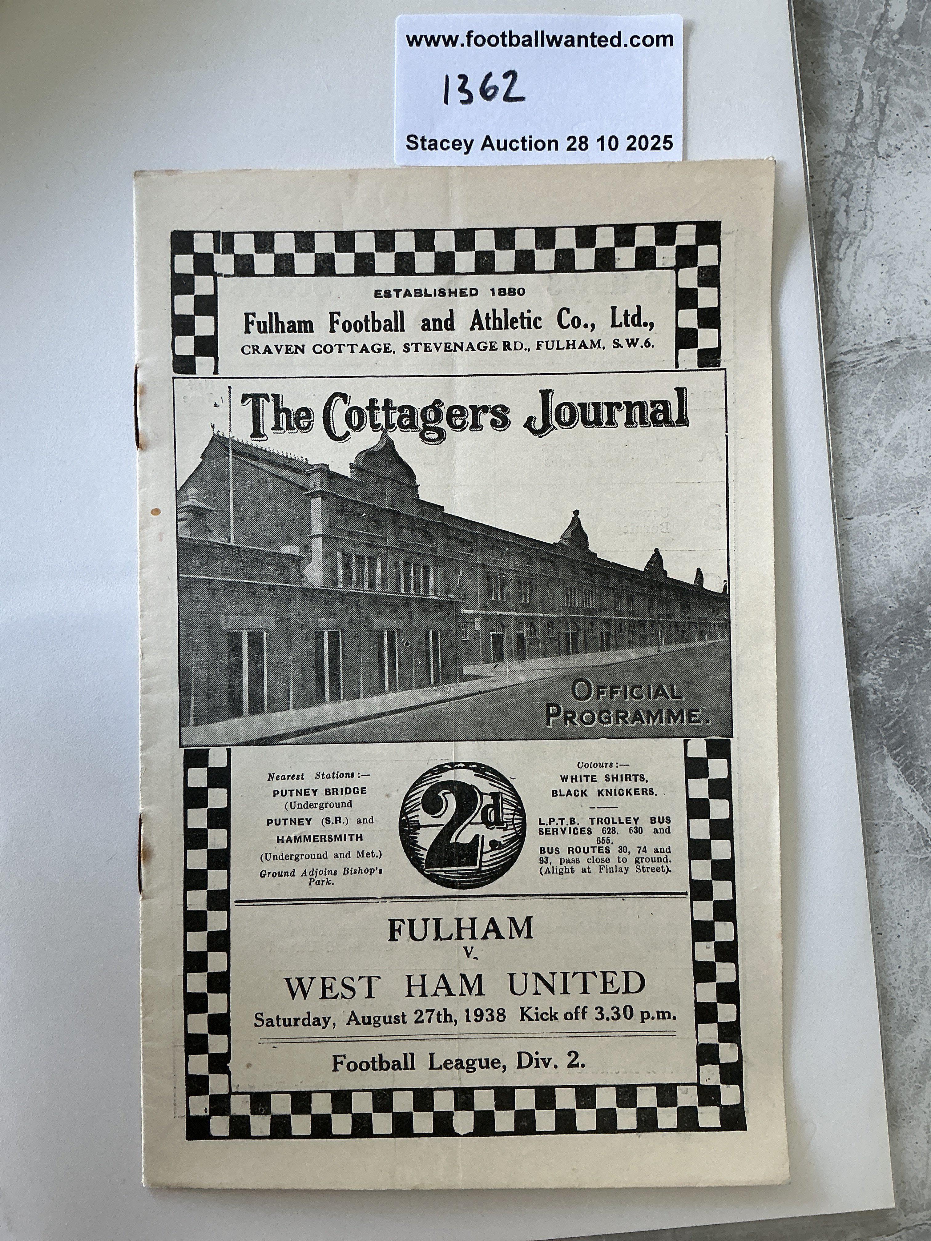 38/39 Fulham v West Ham Football Programme: Very good condition 2nd Division match with no team changes. Rusty staples holding firm.