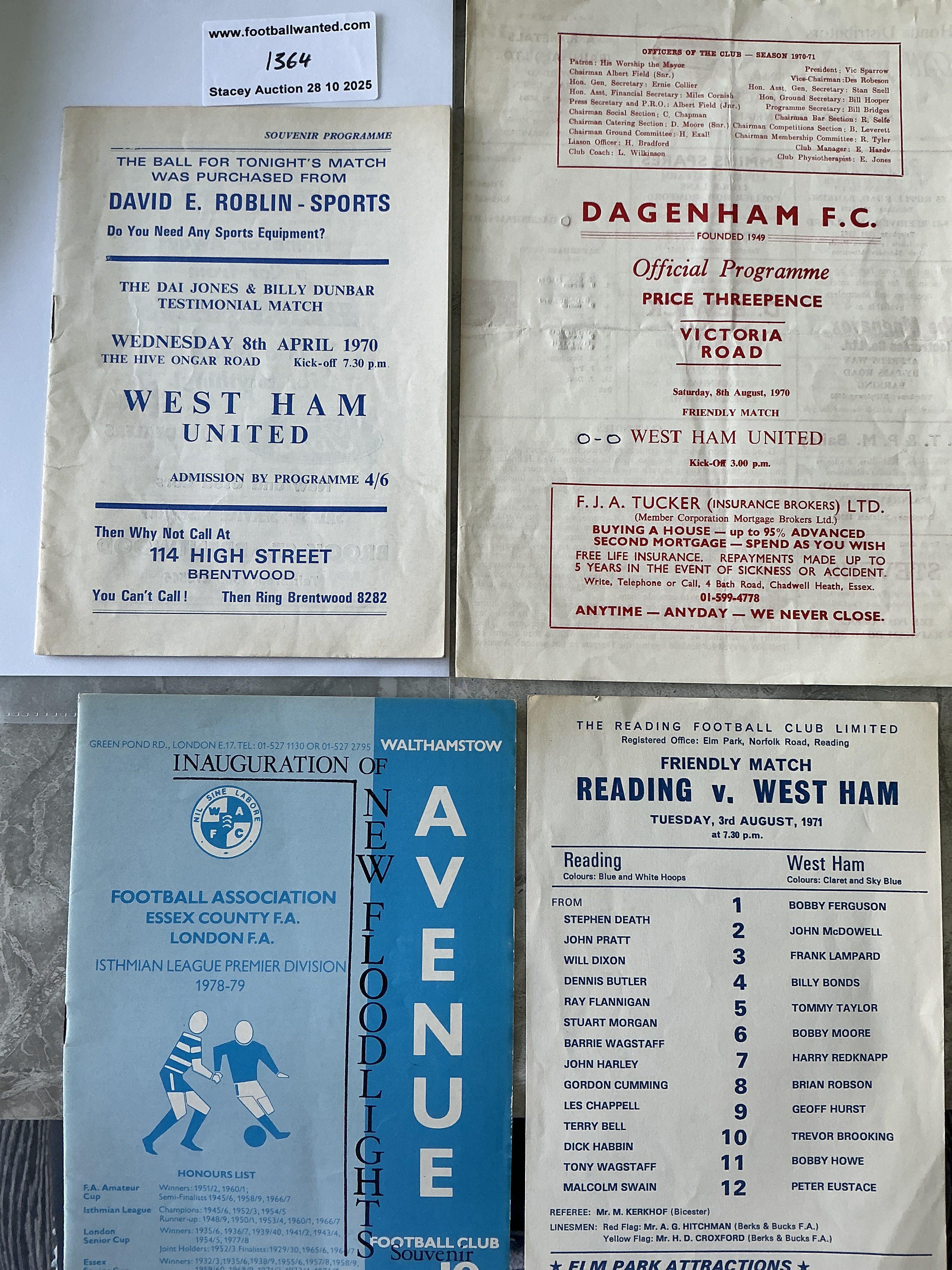 1970s West Ham Away Friendly Football Programmes: Good condition to include 69/70 Brentwood, 70/71 Dagenham sof, 71/72 Reading, 78/79 Walthamstow. (4)