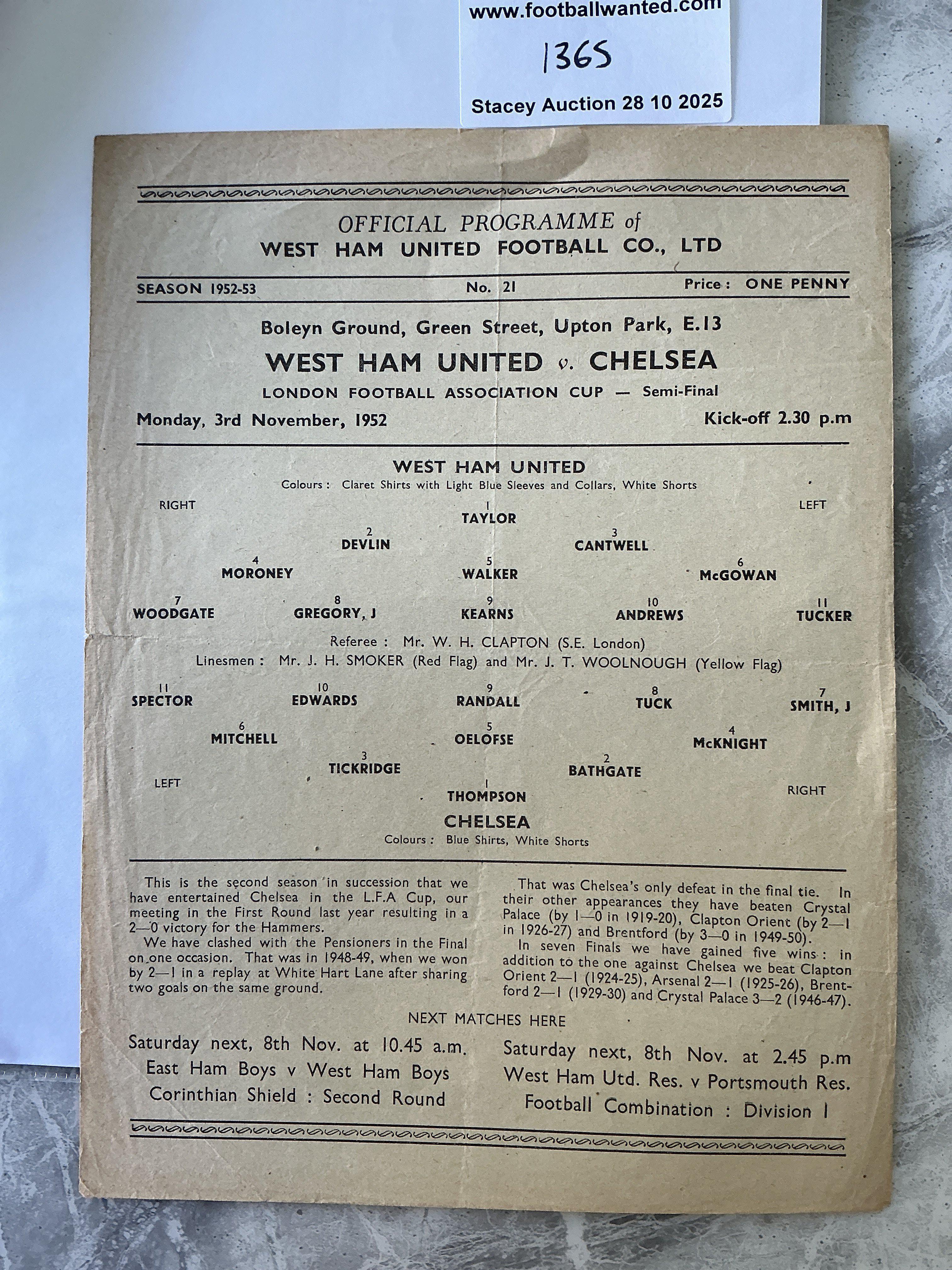 52/53 West Ham v Chelsea London FA Cup Football Programme: Very good condition single sheet semi final programme with no team changes.