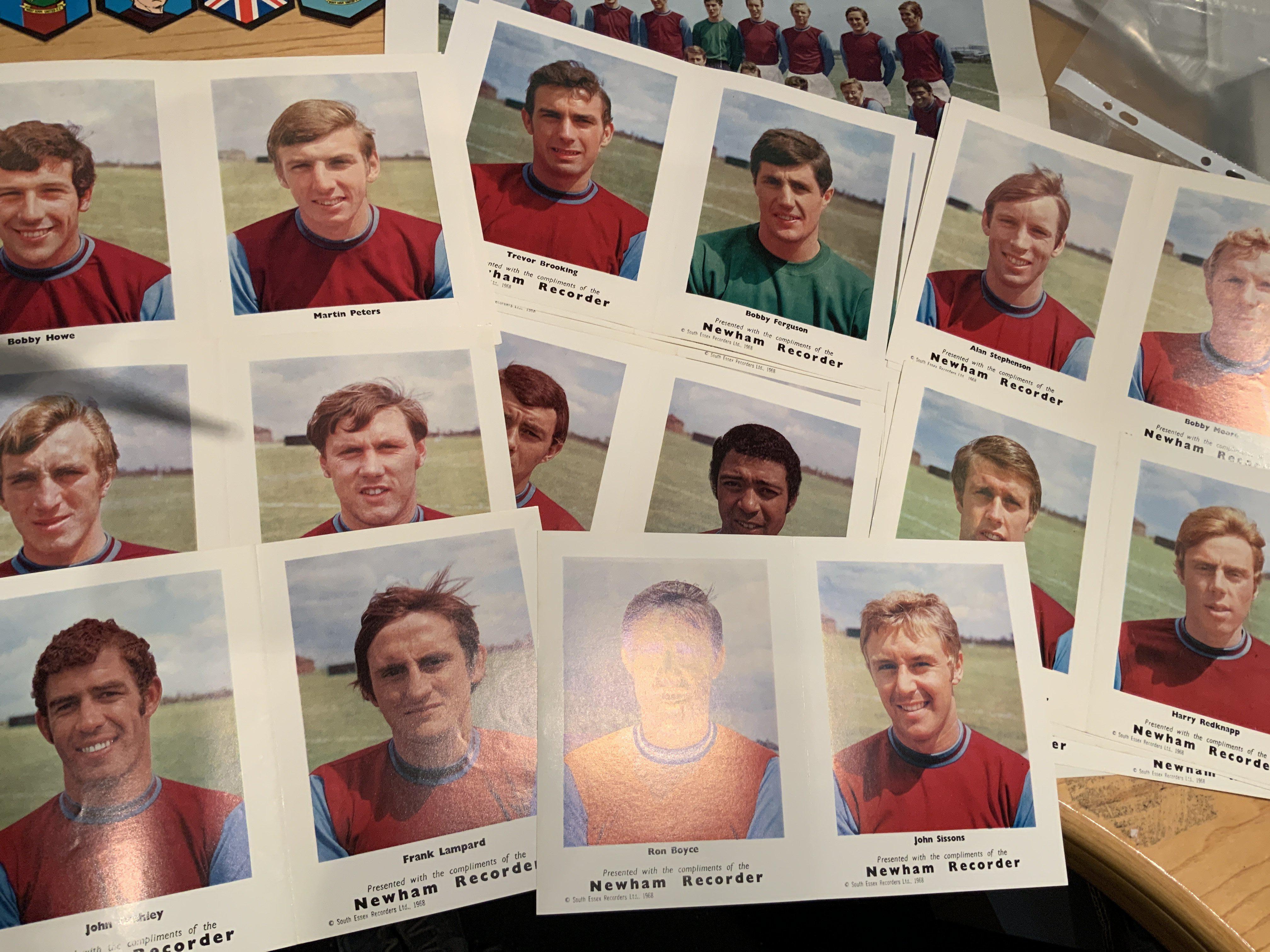 West Ham Newham Recorder 1960s Player Card Set: Full set of 16 Player Portraits which have two pictures per card and many spares. C/W two each of Babs Bobby Moore and West Ham badges, Newham Recorder 68/69 calendar poster with team group and fixtures, 1964 team group and some handbooks and more.