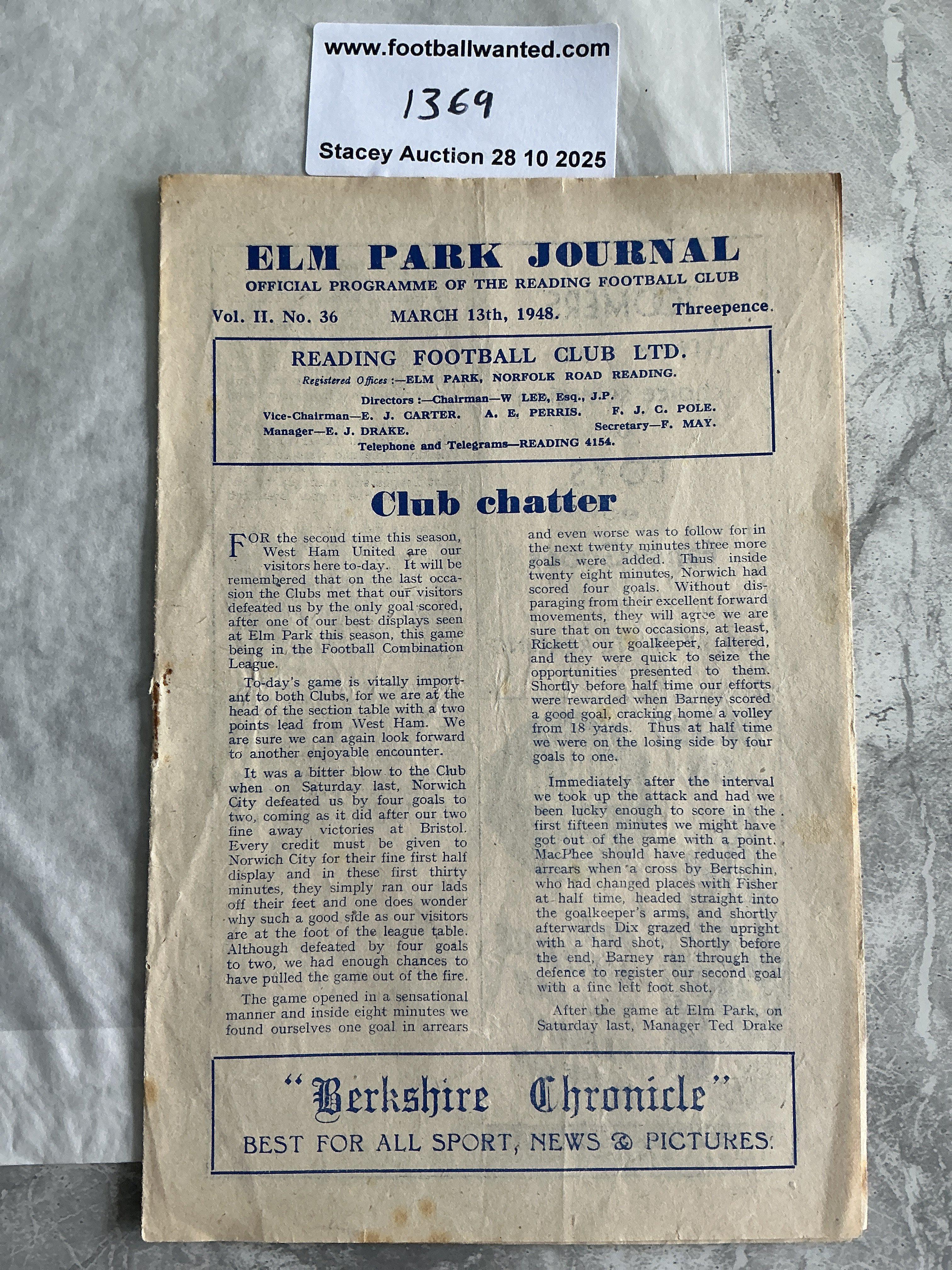 47/48 Reading v West Ham Reserves Football Programme: 8 pager dated 13 3 1948. Good with no team changes.