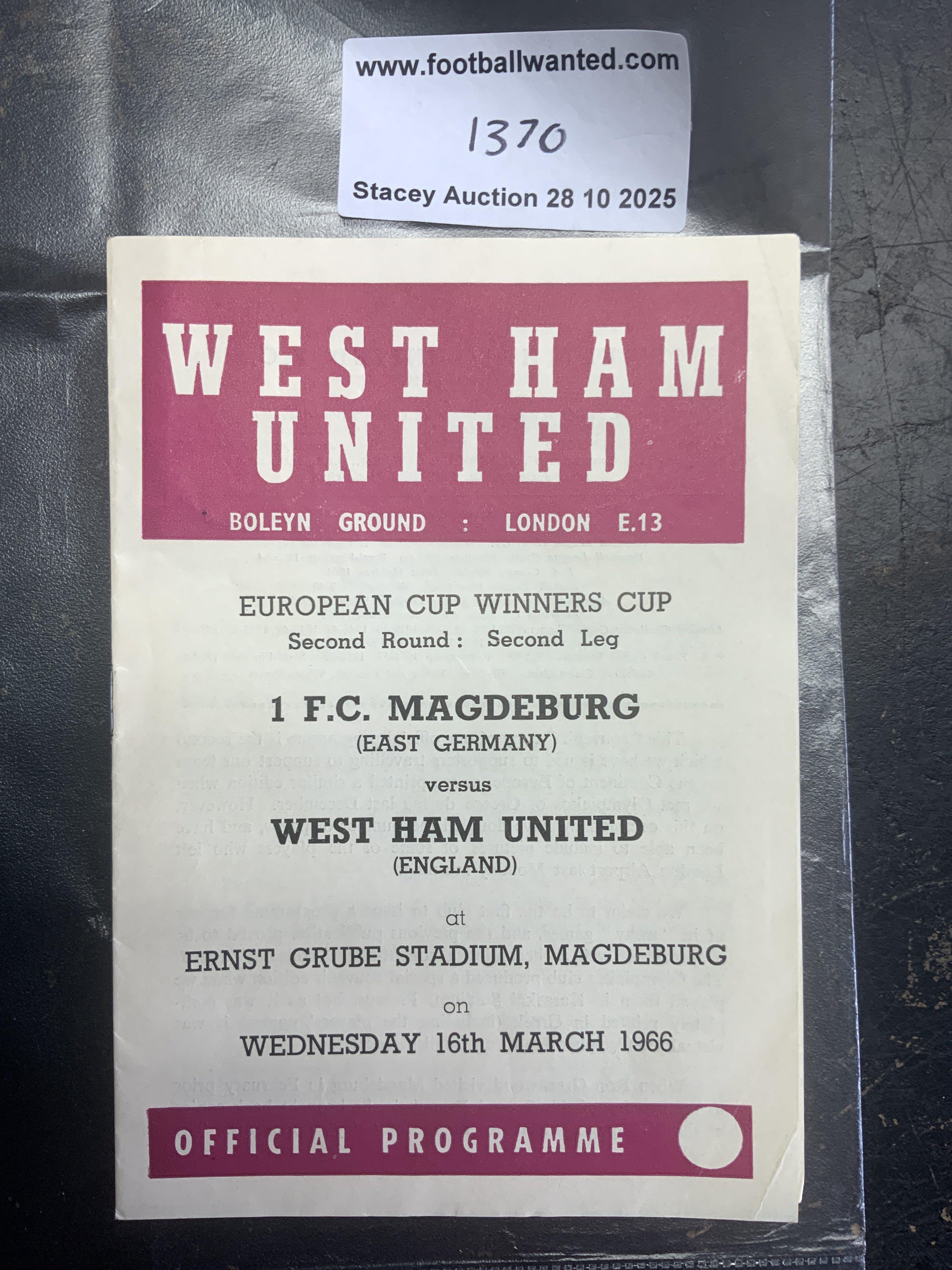 65/66 Magdeburg v West Ham Version ECWC Football Programme: West Ham style home programme given to away coach party for free on the trip to Germany. Excellent with no team changes.