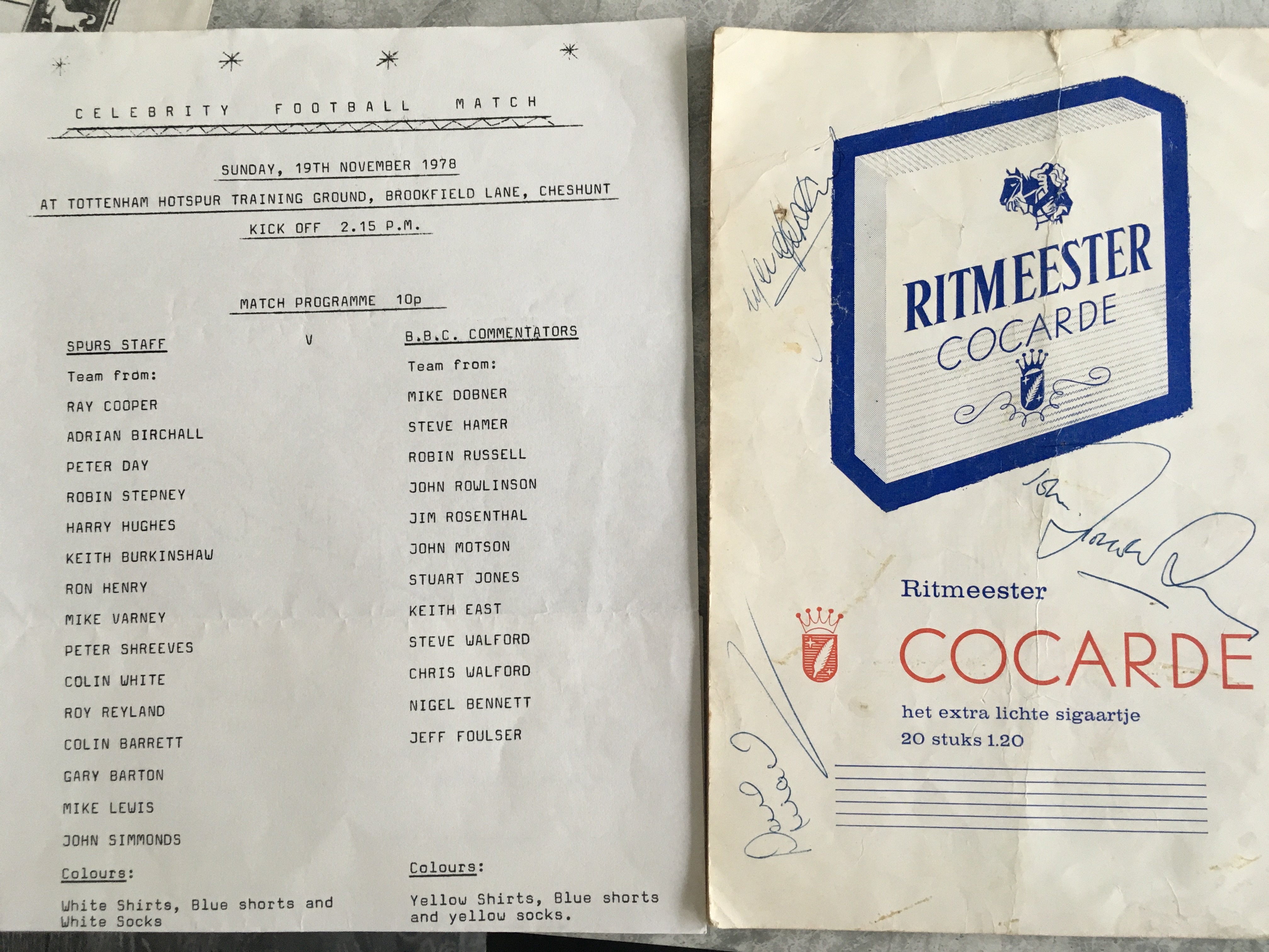 Tottenham Football Programmes + Memorabilia: 1963 press photo of Greaves with press stamp, 1978 Spurs Staff v BBC Commentators at Cheshunt, quantity of 75/76 aways, 1986 Interim Report, The Spurs Go Marching On souvenir with stain and more.