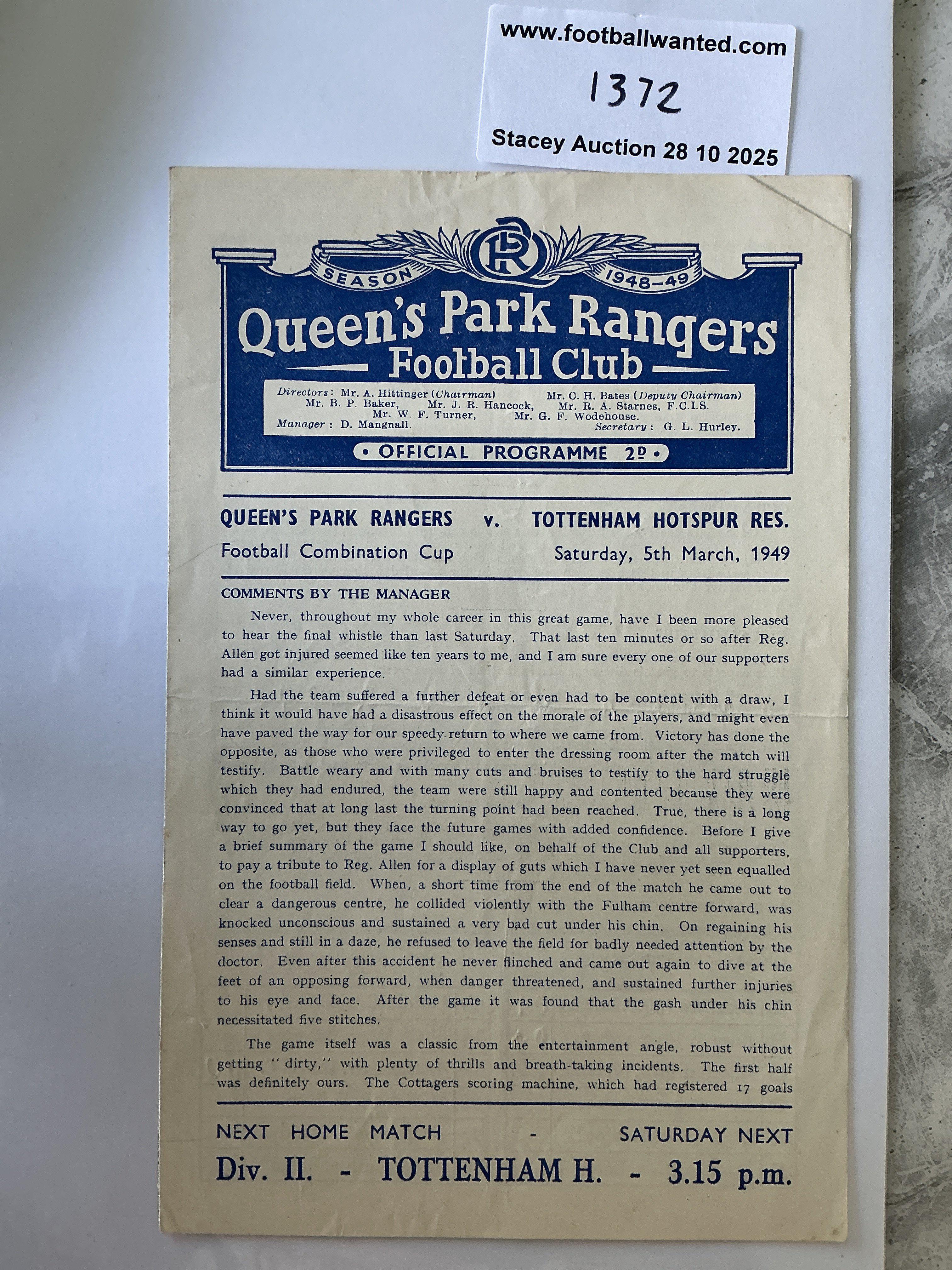 48/49 QPR v Tottenham Reserves Football Programme: Excellent condition Football Combination Cup programme with no team changes. Scorers noted in pencil inside.