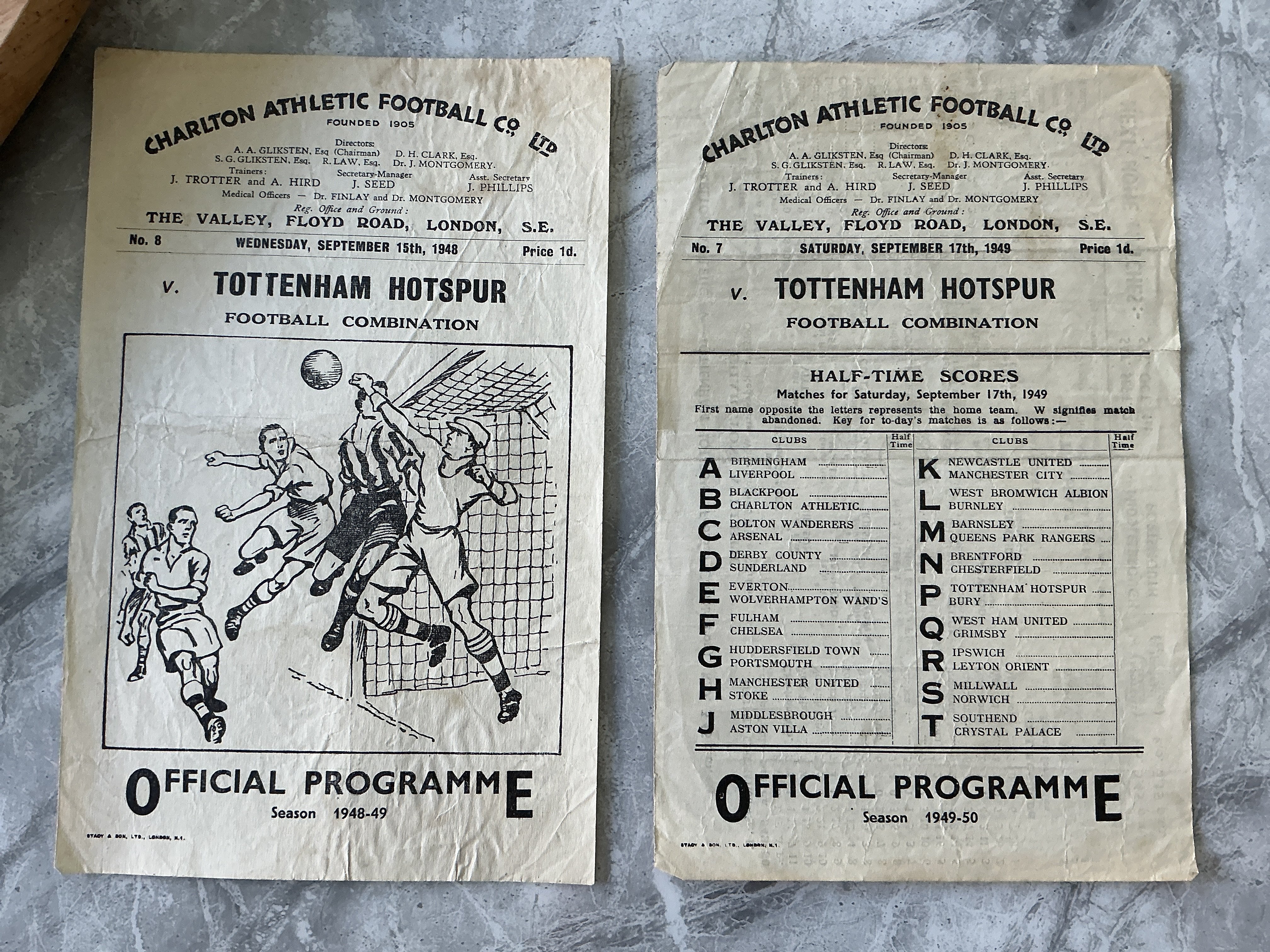 1940s Charlton v Tottenham Reserves Football Programme: Good condition Football Combination programmes from 48/49 and 49/50 with no team changes. (2)