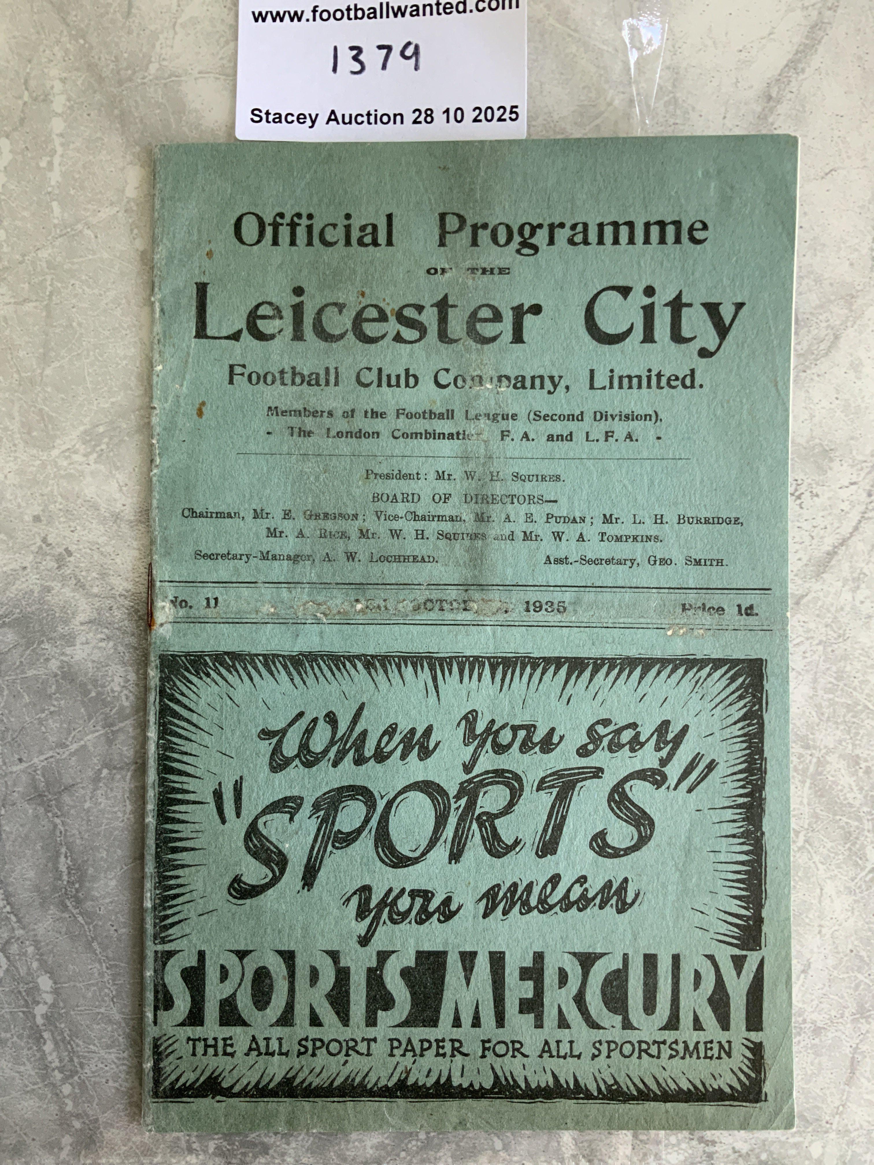 35/36 Leicester City v Tottenham Football Programme: 2nd Division match in fair condition with no team changes. Slight wear and piece from back page replaced.