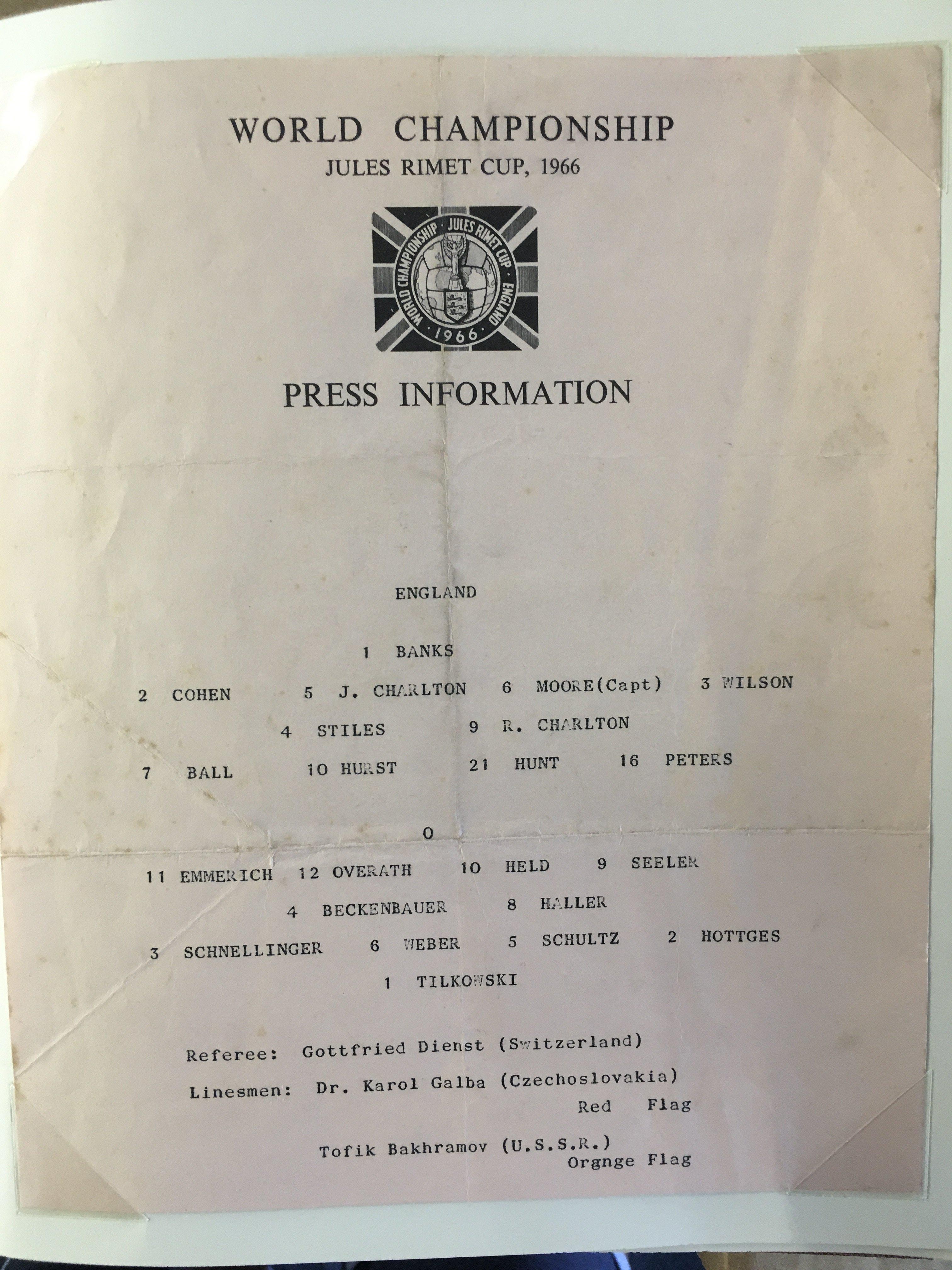 England 1966 World Cup Incredible Football Collection: When you open this original World Cup Willie folder you turn each page and find a stunning press photo from the ceremony and then from each match England played in. The annotations to rear of the clipped in photos have been copied and are on opposite page for reference and some are signed. The final has a photo of all the goals ( some signed ) and a very rare original team sheet. There are celebration photos also ( some signed ). There is a signed press photo of all the 22 players after that plus Ramsey Shepherdson and Cocker ( some in club kit ). This must view lot is finished off with a large magazine picture signed by all 11 winning players. There are a total of 45 original press photos with press stamps etc to rear.