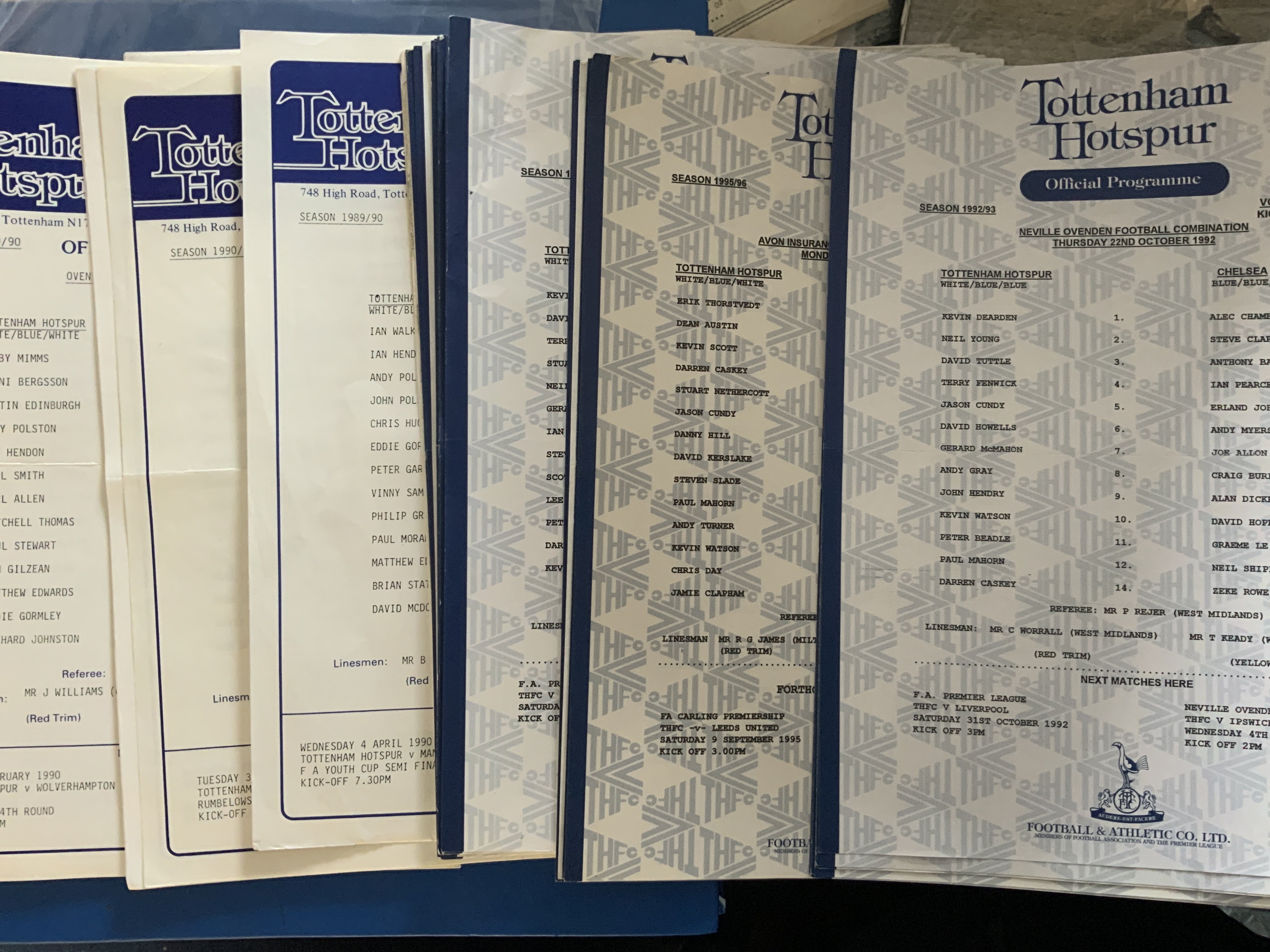 Tottenham Reserve Home Football Programmes: Unwritten nearly all coloured A4 sheets from the late 80s and early 90s. Excellent condition. (50)