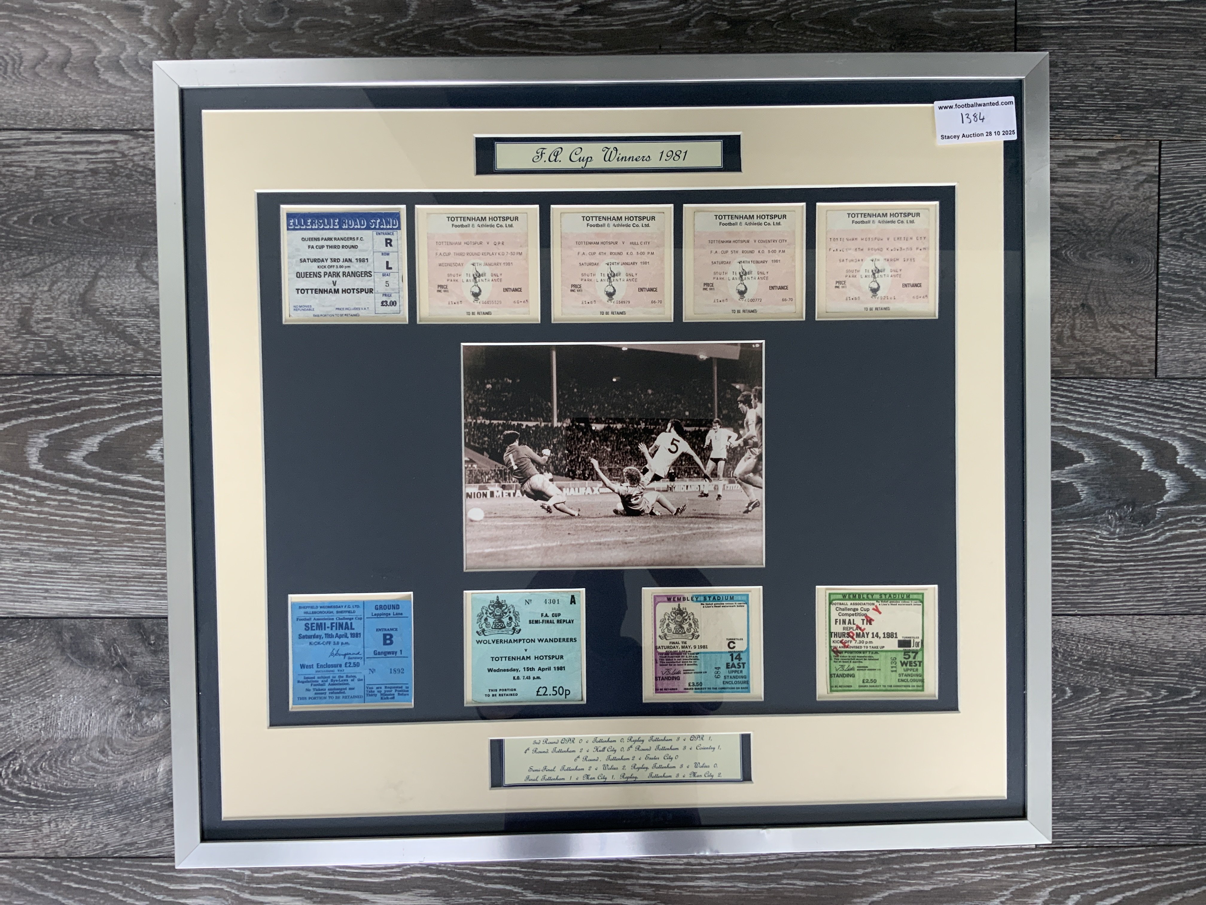 Tottenham 1981 FA Cup Final Framed Display: Picture of Ricky Villa scoring surrounded by a ticket from every round including the final and replay. We would guess that whilst behind glass the tickets look original and likely to be stuck down. Nice display 27 x 25 inches and is not for posting.