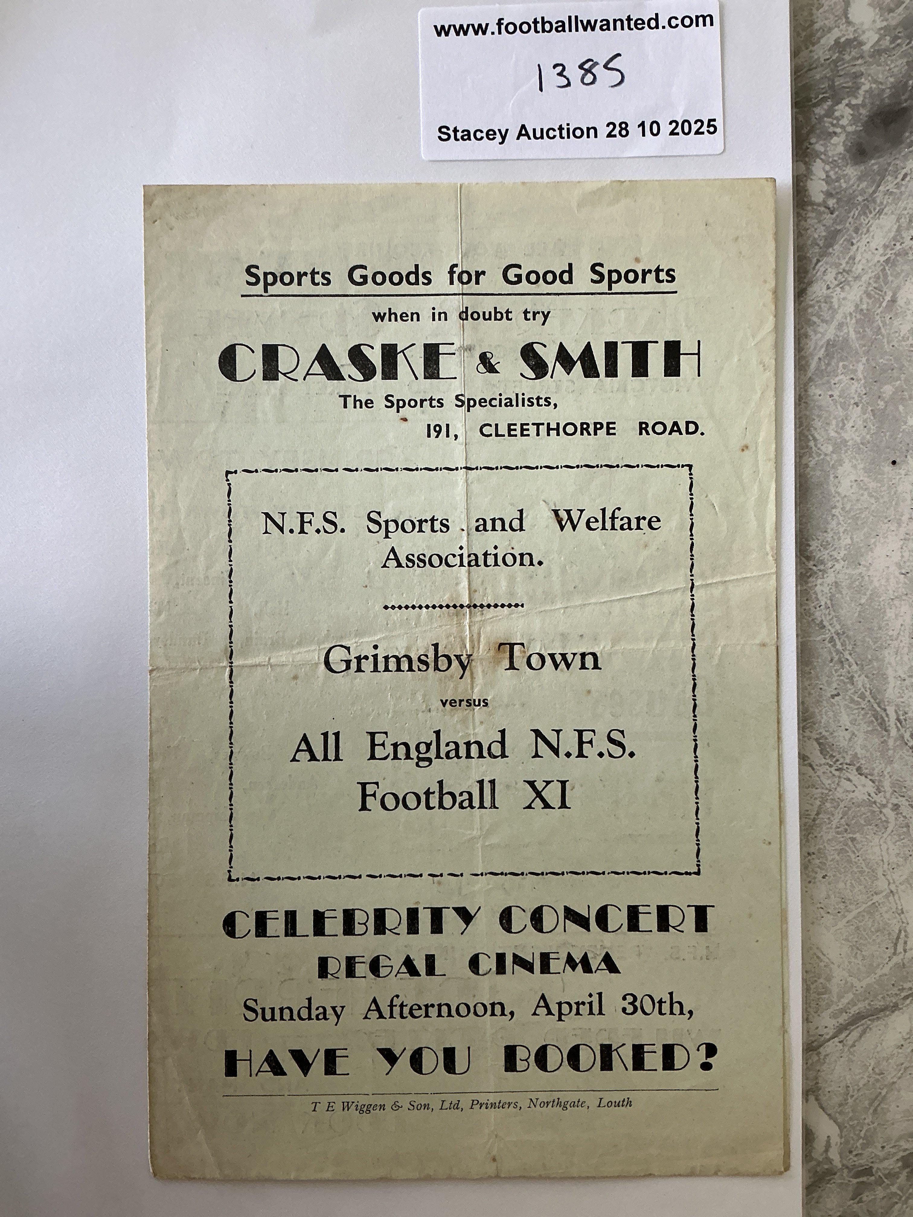 44/45 Grimsby Town v NFS Football Programme: Fair condition friendly programme with no team changes. Bit of wear to folding on rear page. 1945 written near date. Opponents are thought to be the All England National Football Service.