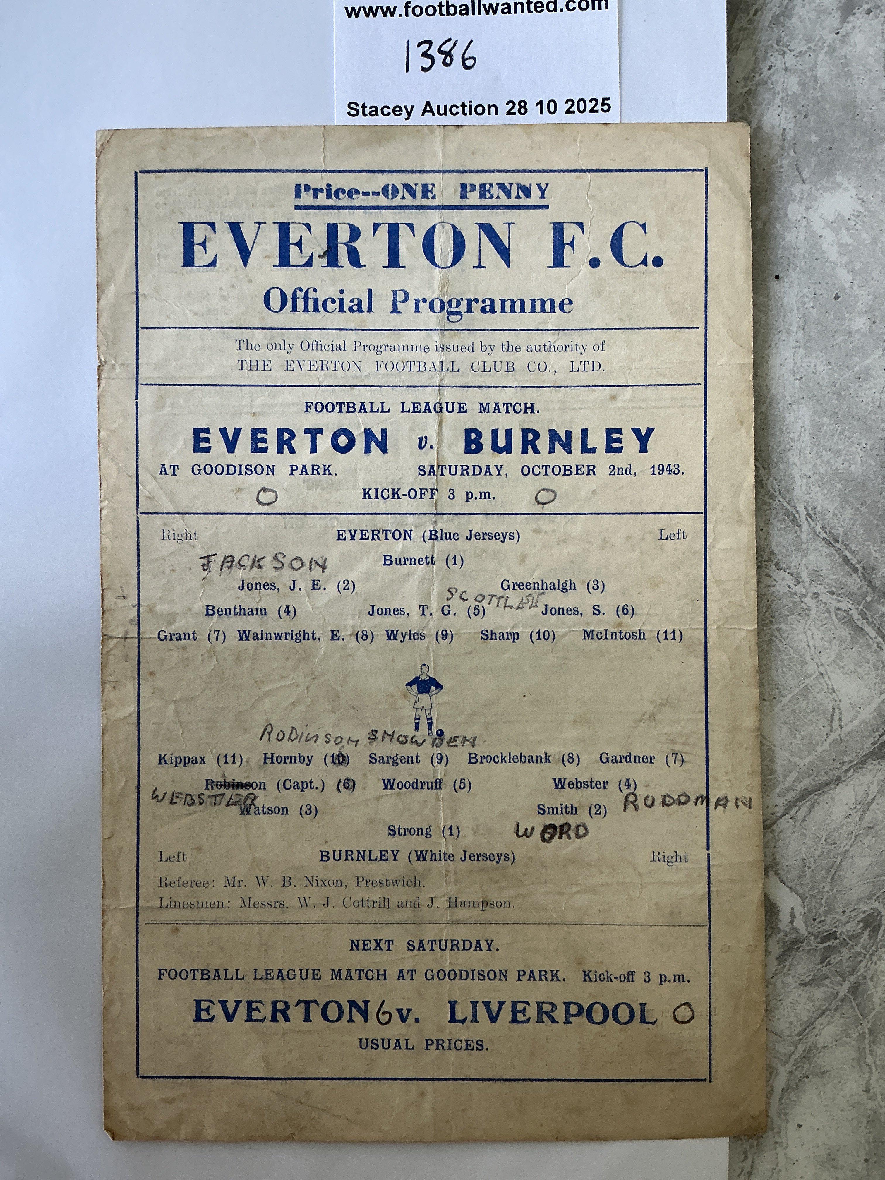 43/44 Everton v Burnley Football Programme: Fair/good condition single sheet league programme with pencilled team changes and folding.