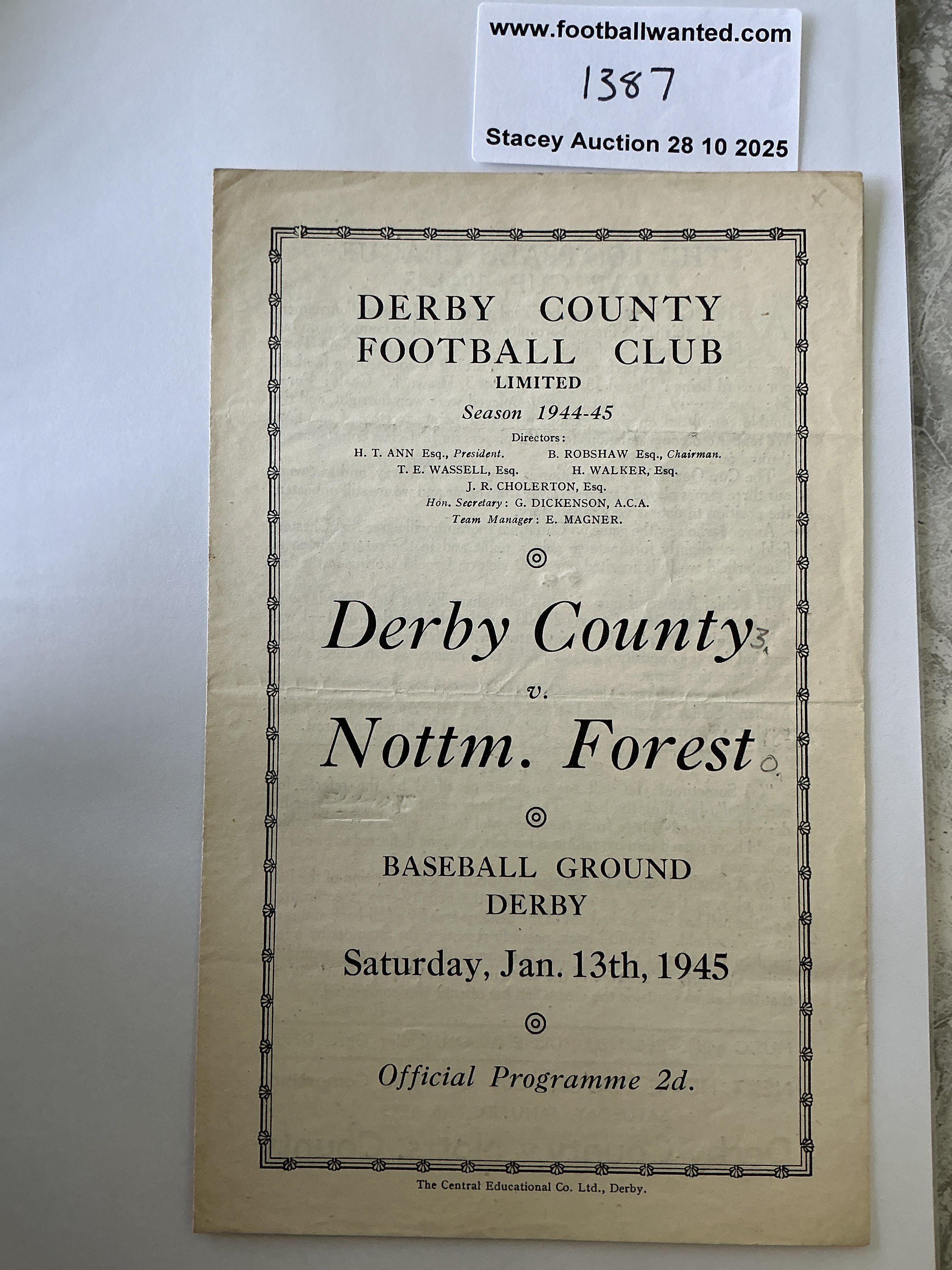 44/45 Derby County v Notts Forest Football Programme: Good condition War Cup programme with team changes. Score in pencil to cover.
