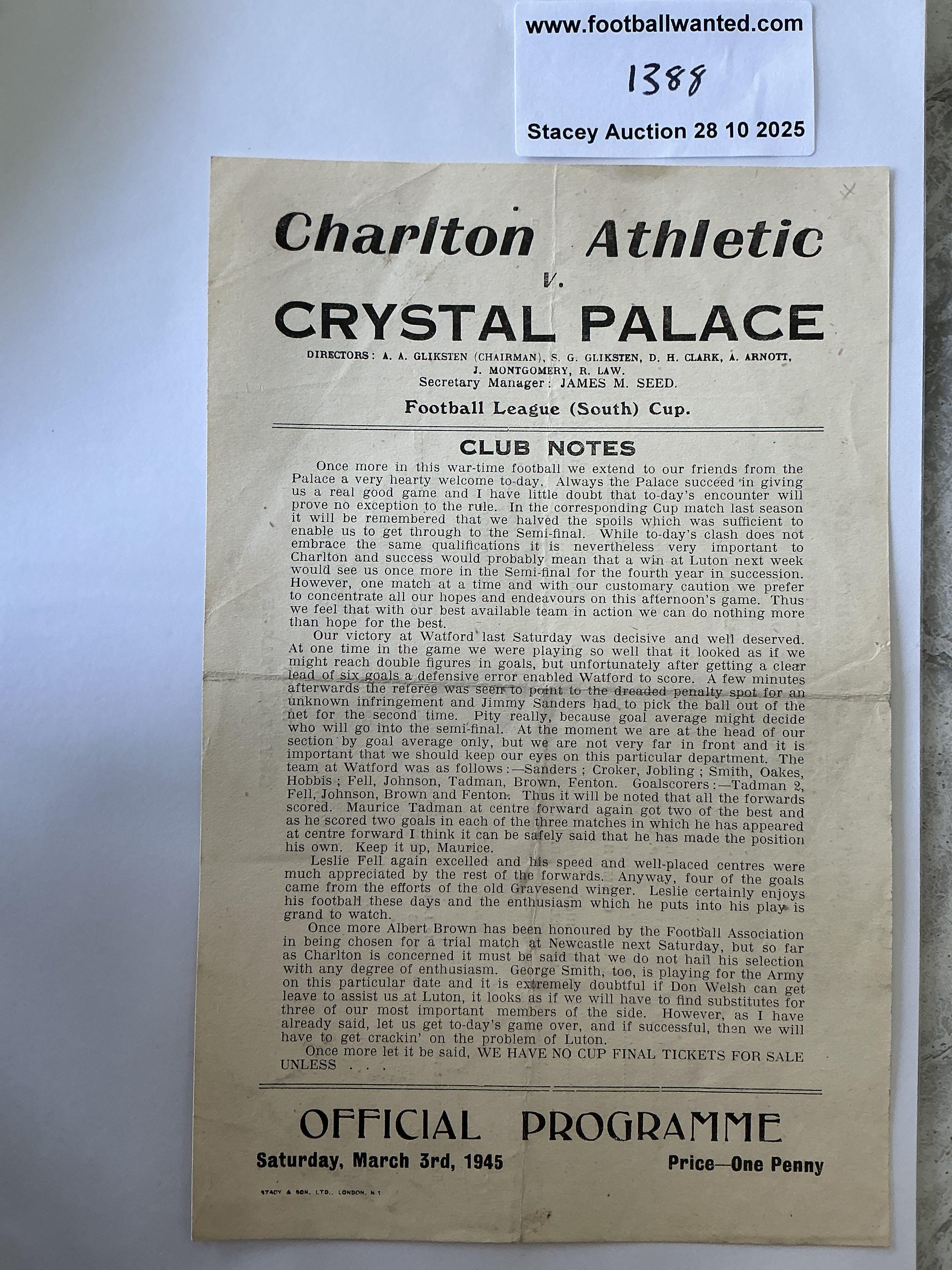 44/45 Charlton v Crystal Palace Football Programme: Good condition single sheet League Cup South programme with no team changes. Fold.