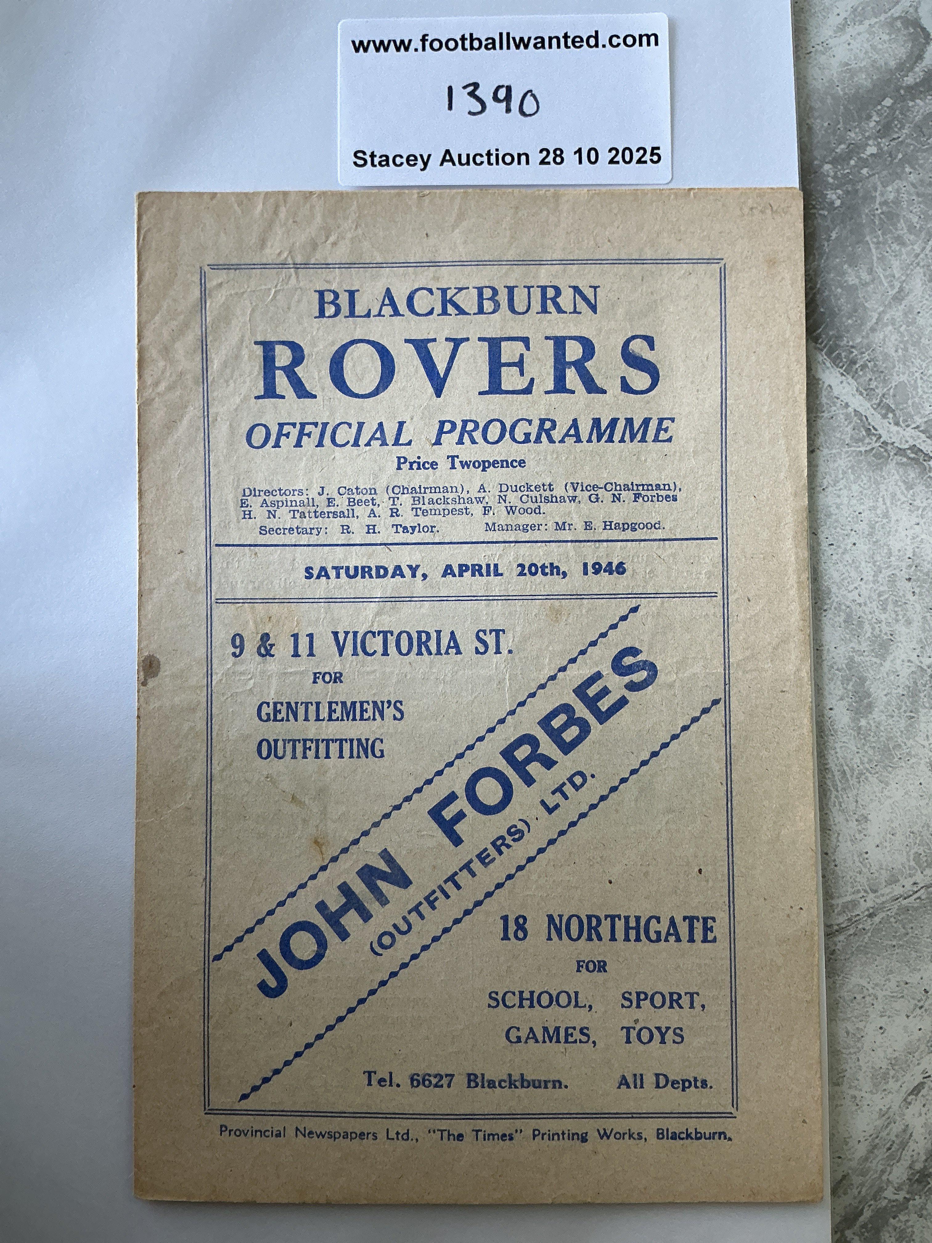 45/46 Blackburn Rovers v Stoke City Football Programme: Very good condition 4 pager with no team changes.