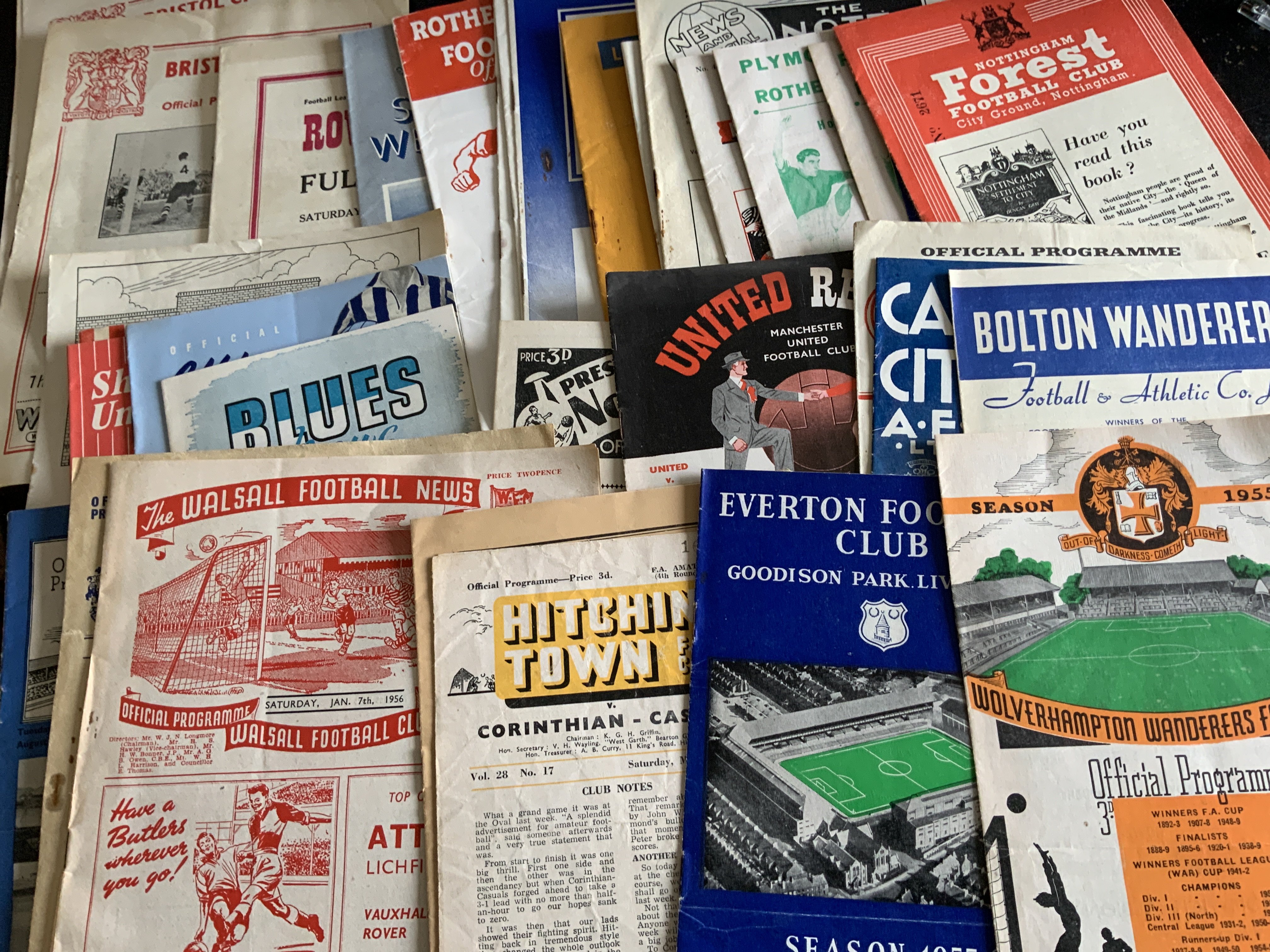 55/56 Football Programmes: 41 from mainly different clubs in good condition. Includes Sunderland v Arsenal, Accrington v Hartlepool, Orient v Lovells, Manchester United v Man City. Full list available online. (42)