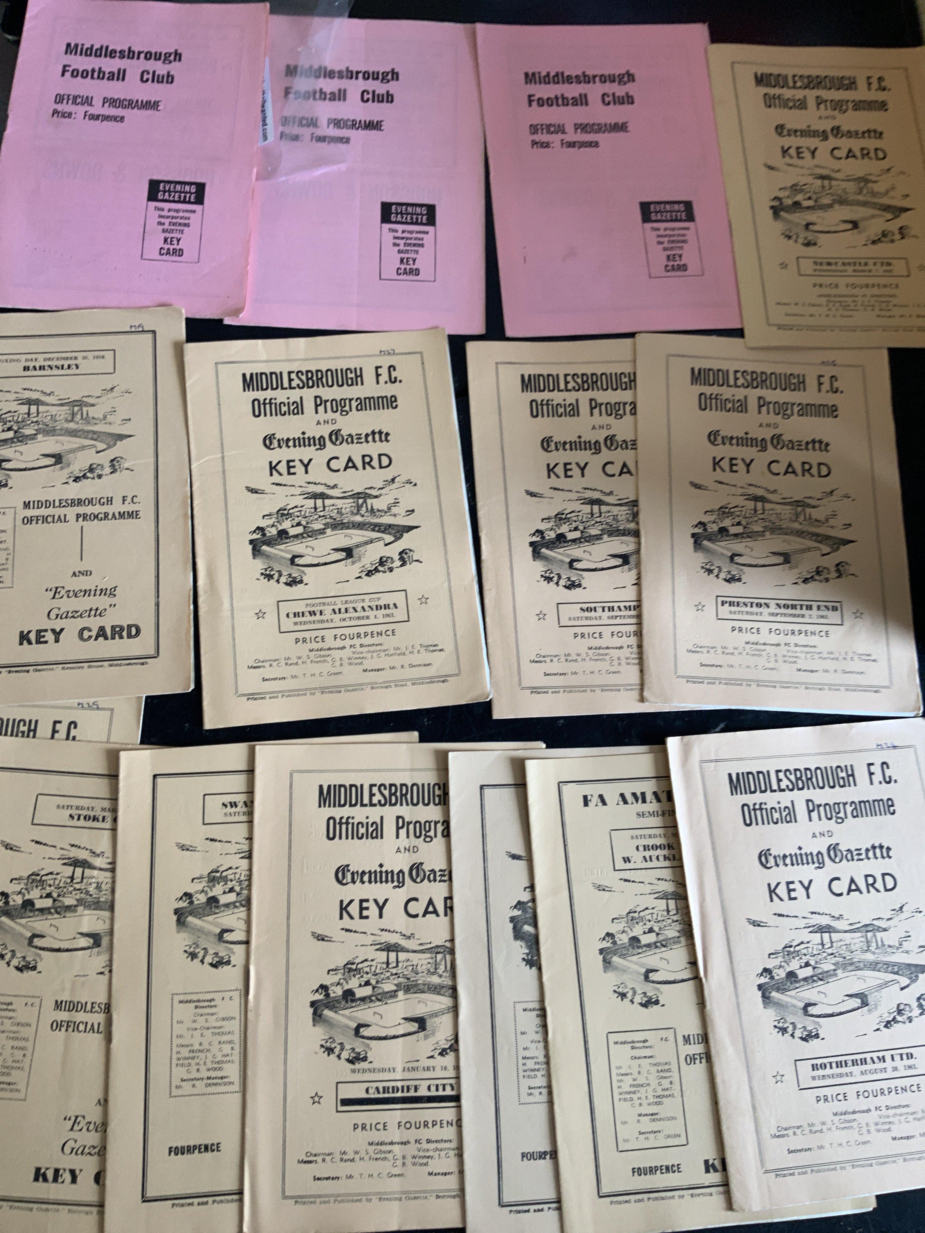 Middlesbrough Home Football Programmes: From 1958 to 1962 to include 3 pink versions. Very good. (15)