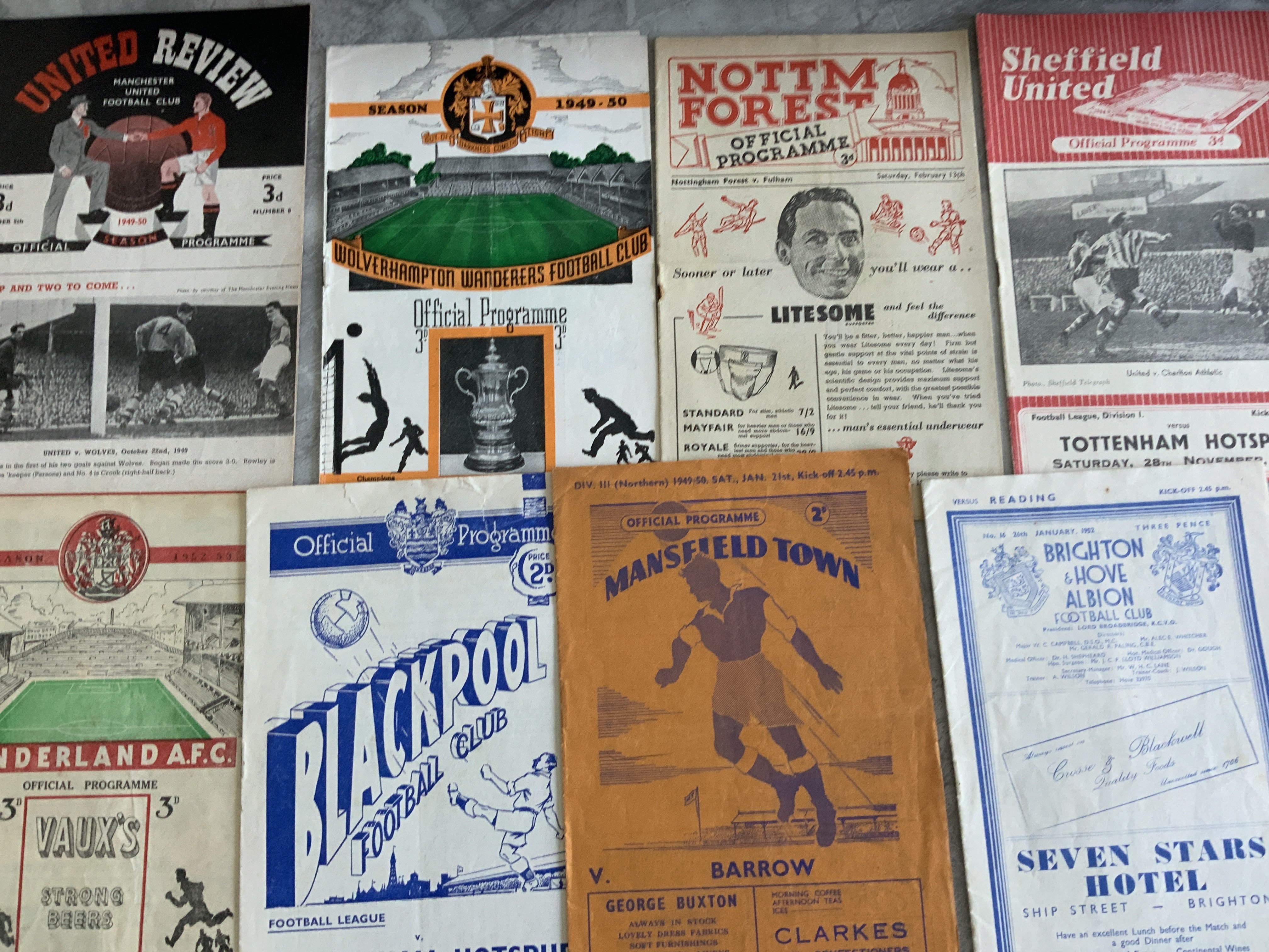 1950s Football Programmes: Must view early to mid 50s in very good condition from a private collection with a home programme from many more difficult to collect teams. Includes Barrow Halifax Barrow York Exeter Port Vale Burnley Stoke and many more. Spotted 50/51 Liverpool v Chelsea, Bolton v Arsenal, 49/50 Leeds v BPA, Mansfield v Barrow, Manchester United v Huddersfield, 52/53 Bradford City v Barrow, Sunderland v Wolves. Includes famous picture of Tom Finney at Stamford Bridge splashing which is signed and comes with programme from the match. Good. (36)