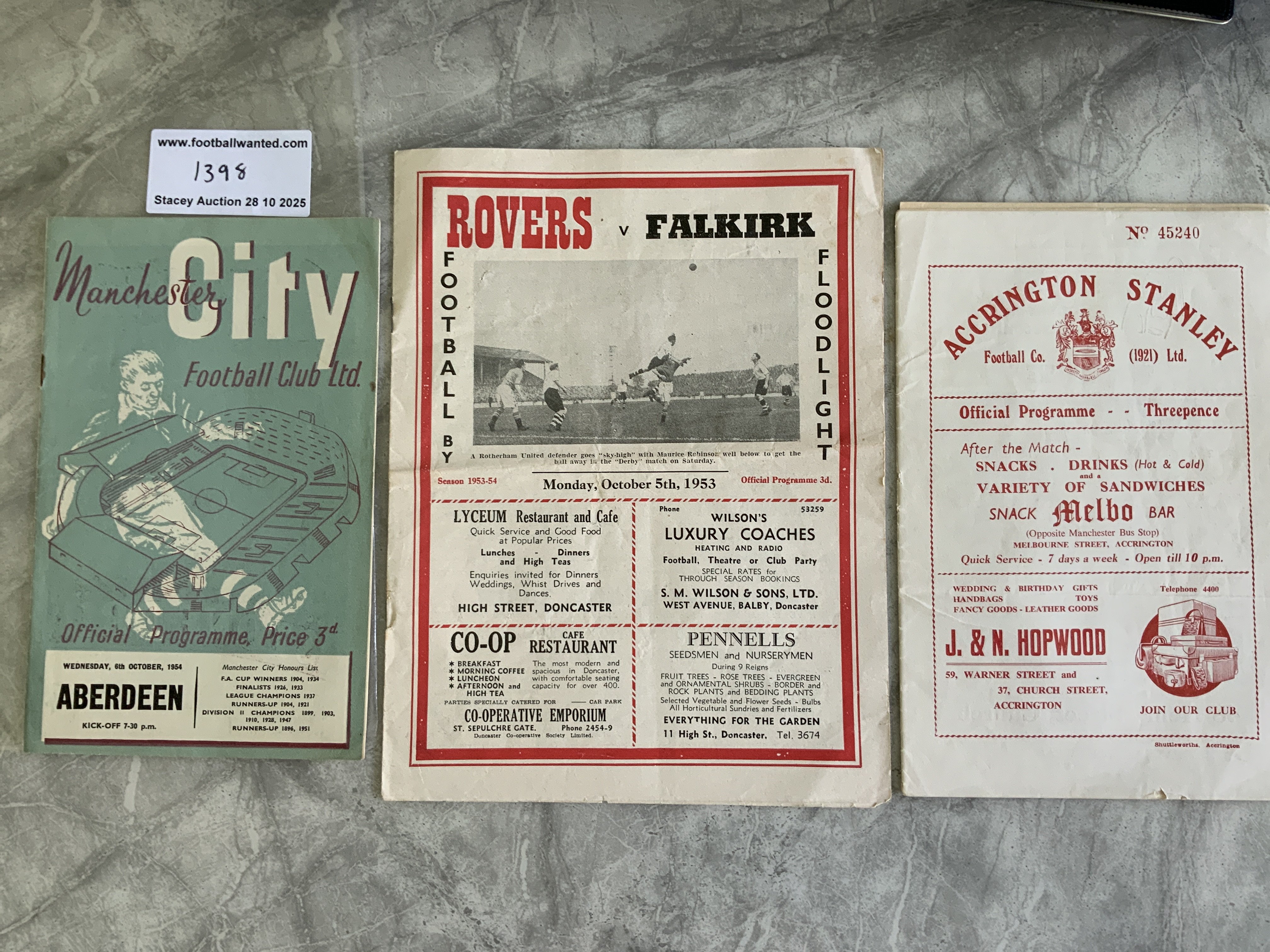 English v Scottish Club Friendly Football Programmes: 53/54 Doncaster v Falkirk, 54/55 Manchester City v Aberdeen, Accrington v Third Lanark. Good. (3)