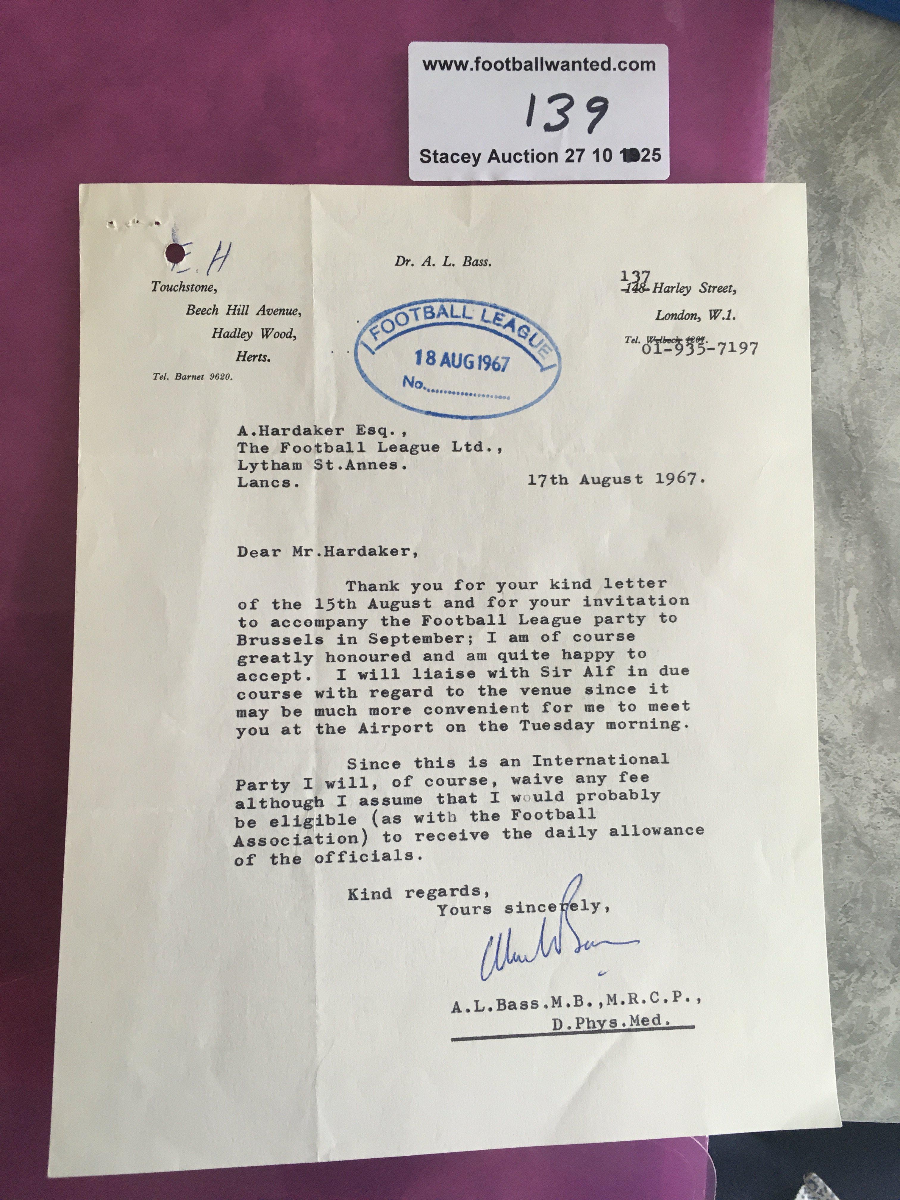 England 1966 World Cup Doctors Autograph: Very rare autograph of official doctor Alan Bass. Not many collectors will have this as they believe incorrectly that Neil Phillips was the official doctor. There is a famous photo of the trainers at the full time whistle with everyone looking excited except Ramsey and the person sitting next to him (Bass). Autograph is on a letter addressed to Alan Hardaker accepting to travel to Belgium in 1967 with England. Included is information on Bass claiming without him they would not have won the World Cup and the mentioned picture. Hard to obtain as he emigrated not long after.