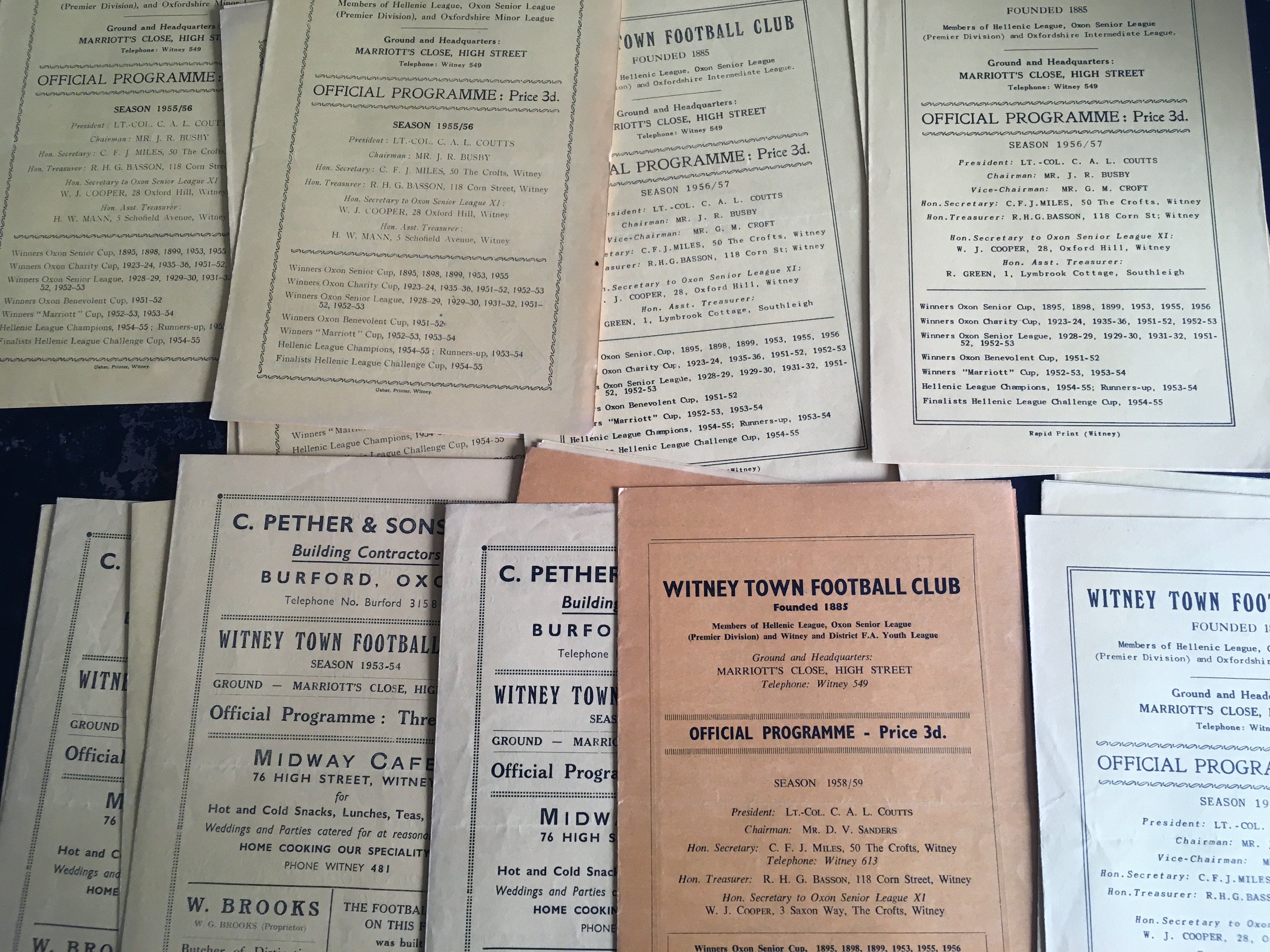 Witney Town 1950s Home Football Programmes: From 53/54 to late 50s often from the Hellenic League. Good. (19)