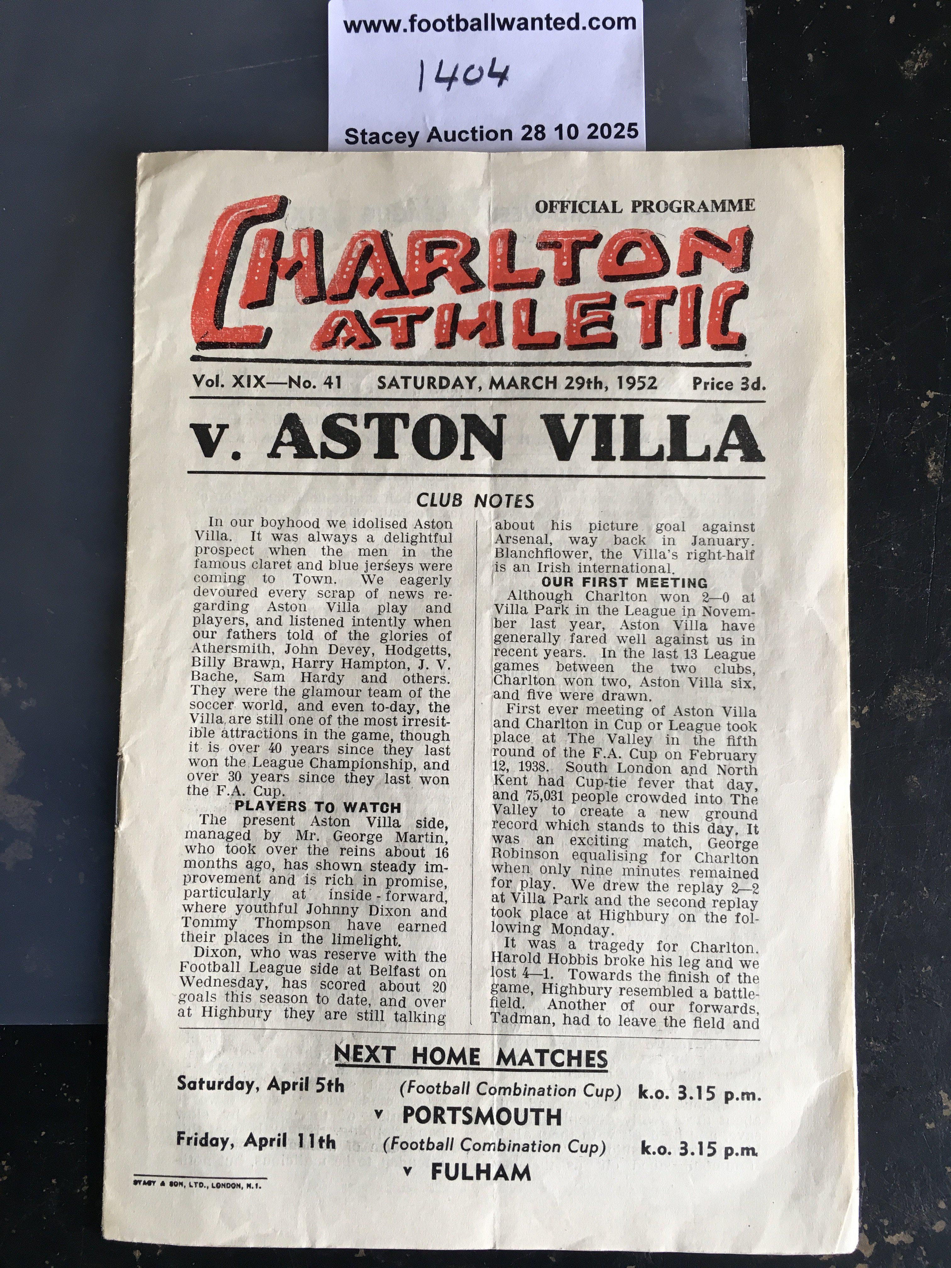 51/52 Charlton v Aston Villa Postponed Football Programme: Dated 29 3 1952 in good condition with no team changes.