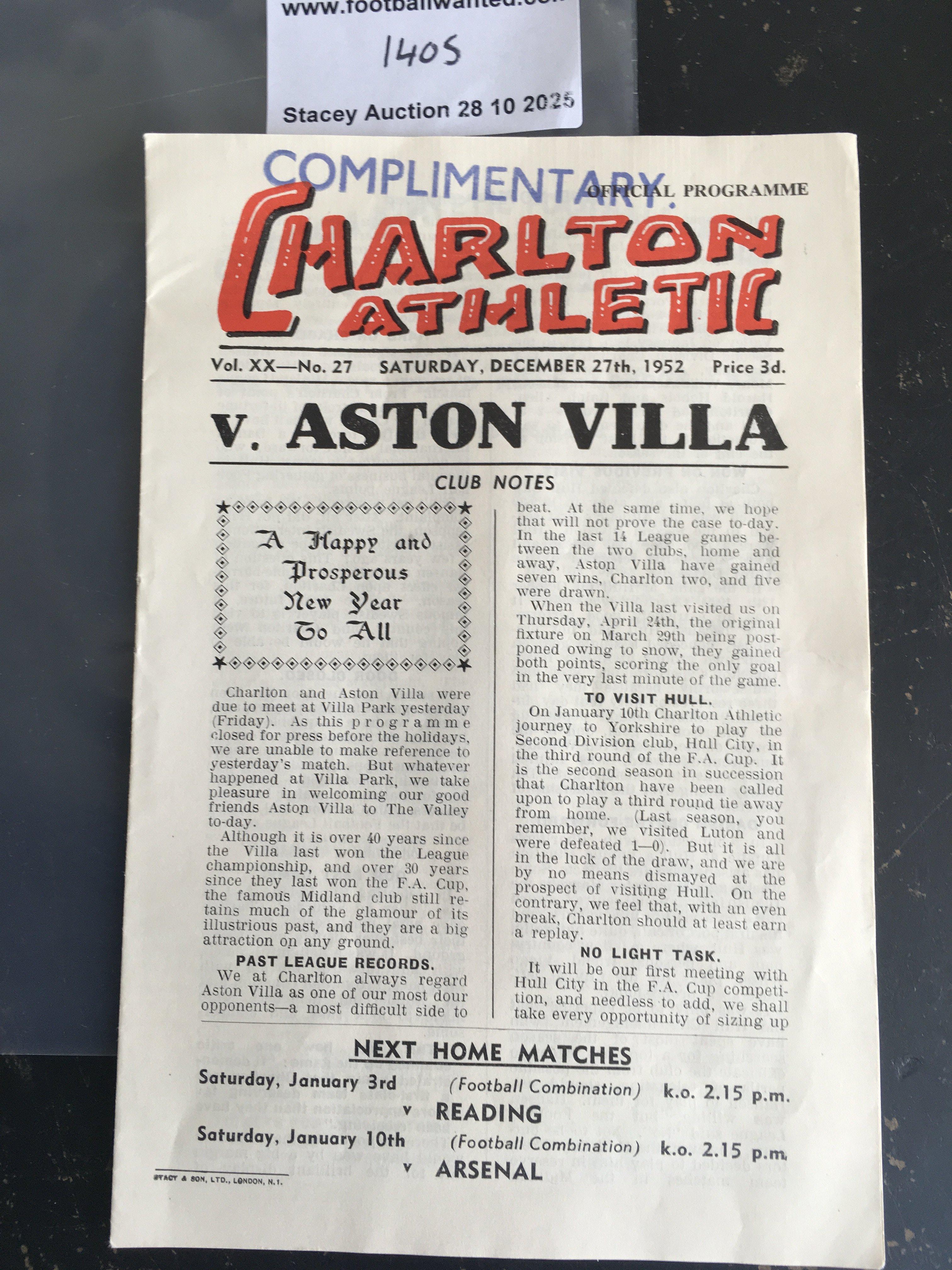 52/53 Charlton v Aston Villa Postponed Football Programme: Dated 27 12 1952 in good condition with no team changes. Stamped complimentary as not many made it to the public domain. Word postponed written to team page.