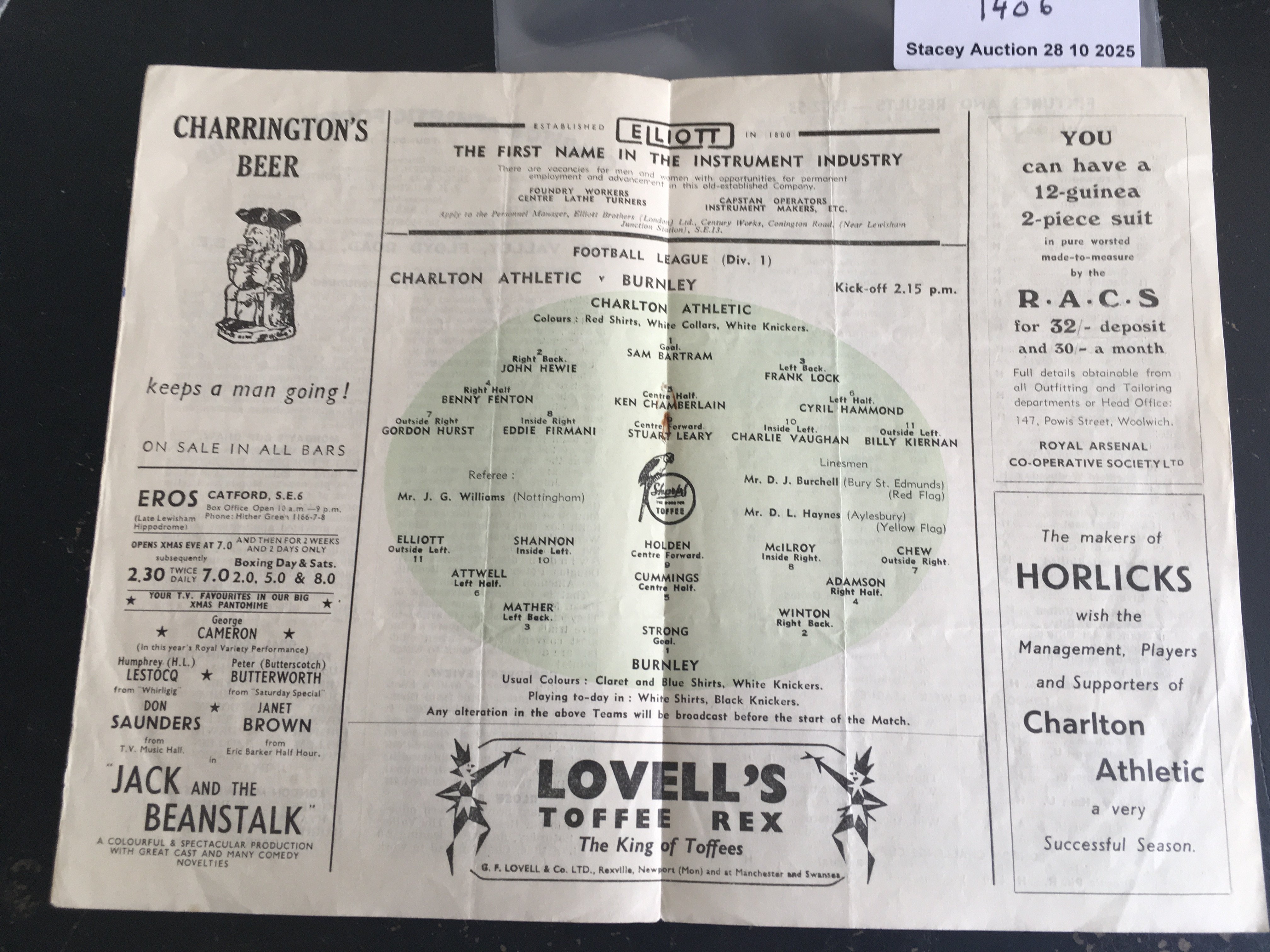 52/53 Charlton v Burnley Postponed Football Programme: Dated 6 12 1952 in good condition with no team changes. Light fold.