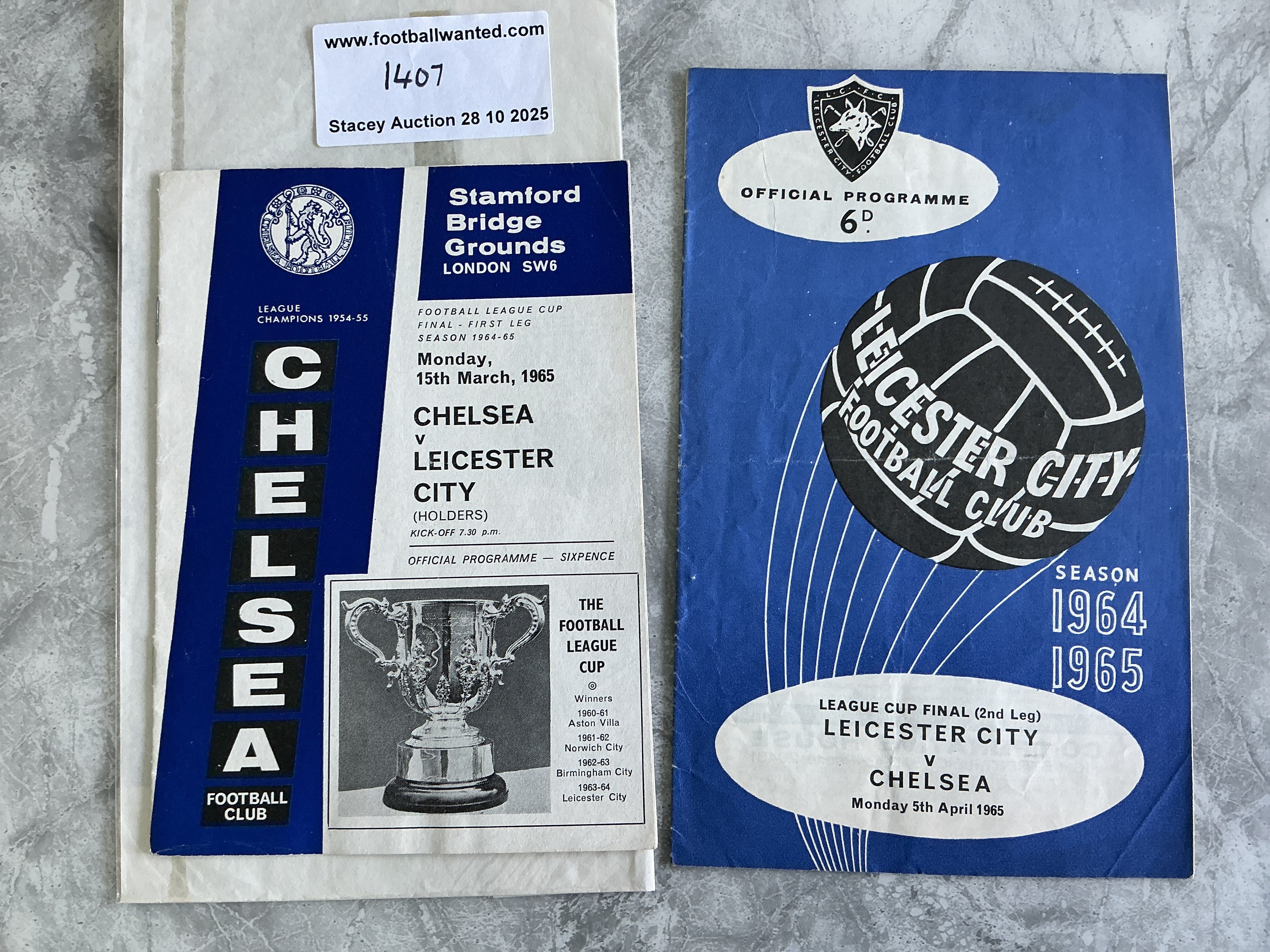 1965 League Cup Final Football Programmes: Both legs of the Chelsea v Leicester City finals. Very good with no writing. Leicester home has slight fold. (2)