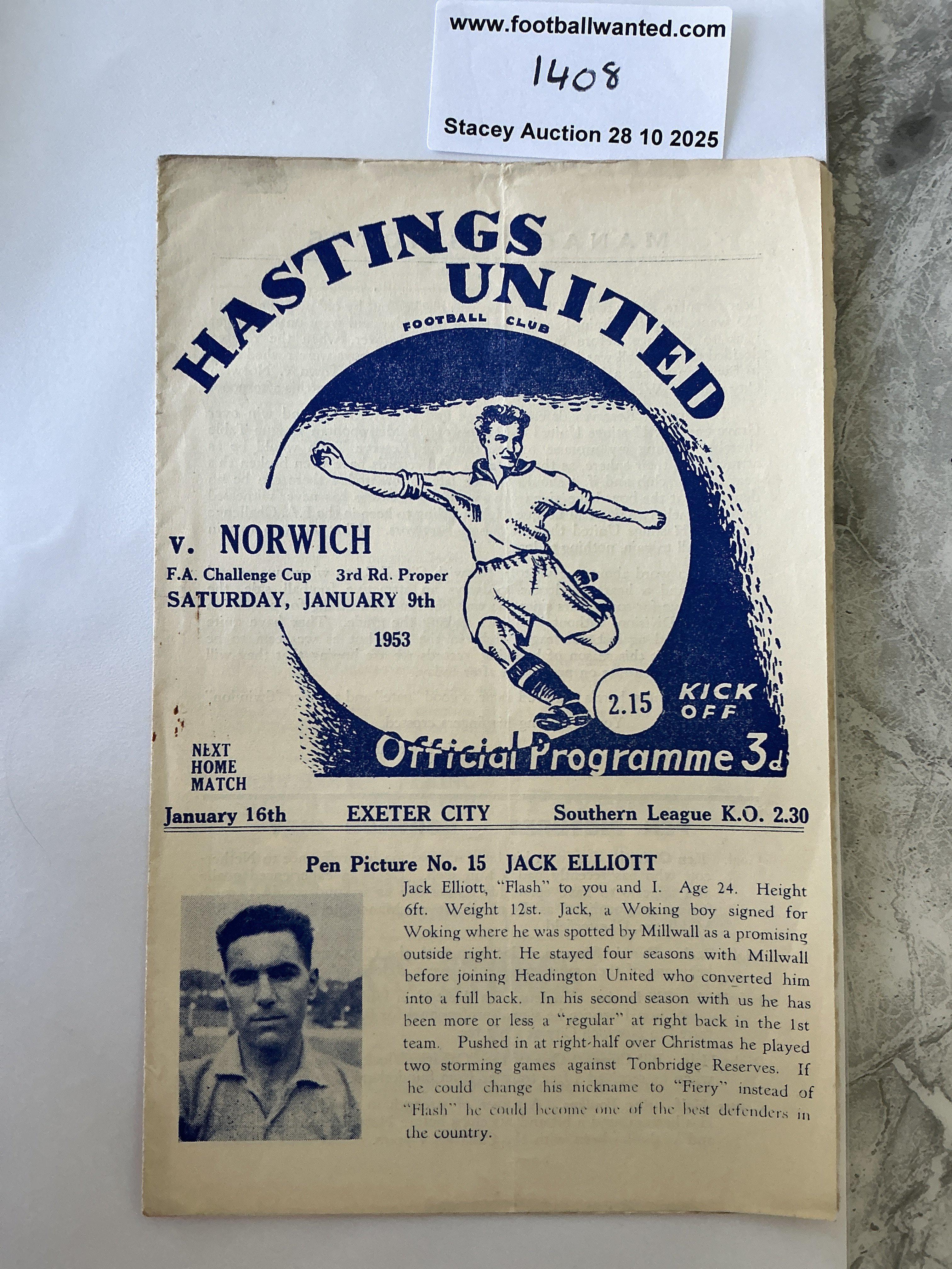 52/53 Hastings United v Norwich City Football Programme: Excellent condition FA Cup programme with no team changes. Lightest fold.