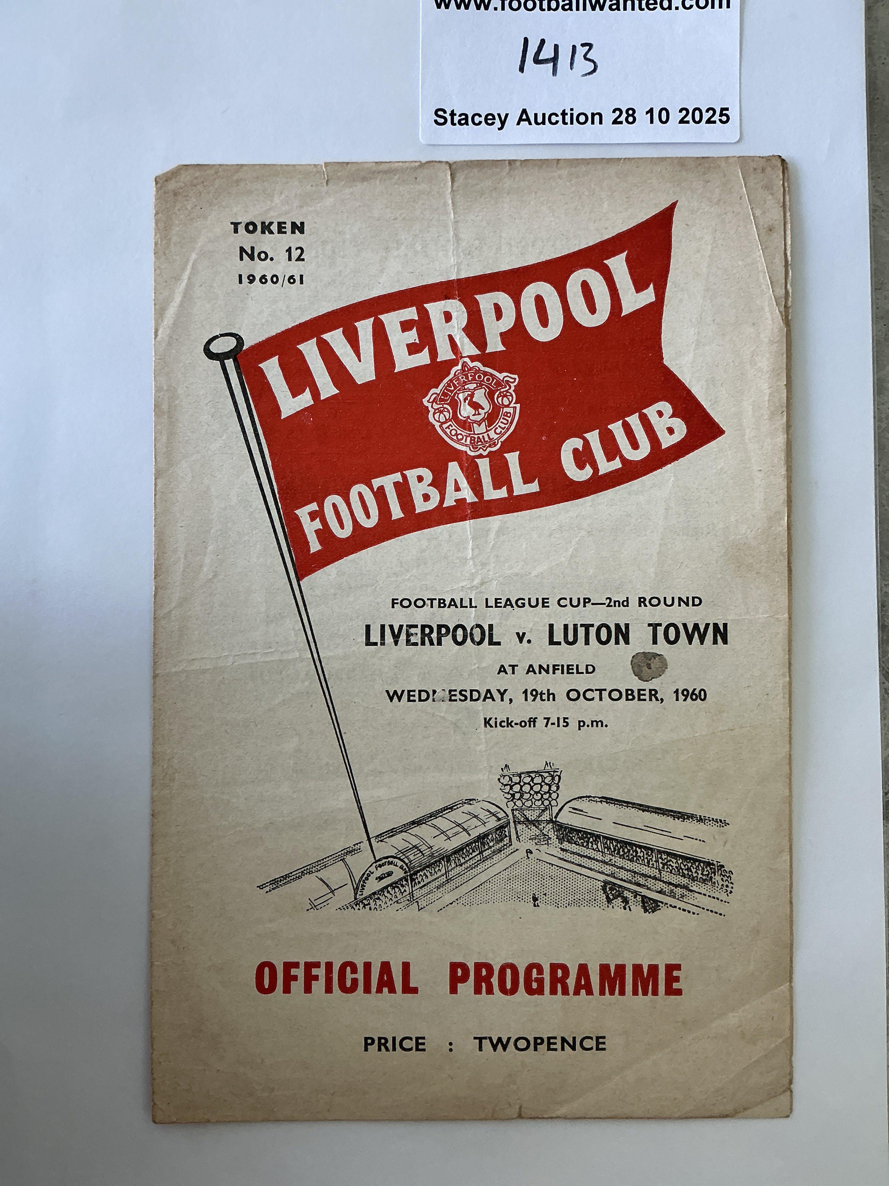 60/61 Liverpool v Luton League Cup Football Programme: Fair/good condition 1st division programme with no team changes. Folding. Token intact. First ever match for Liverpool in the League Cup a competition they have won more than any other team.