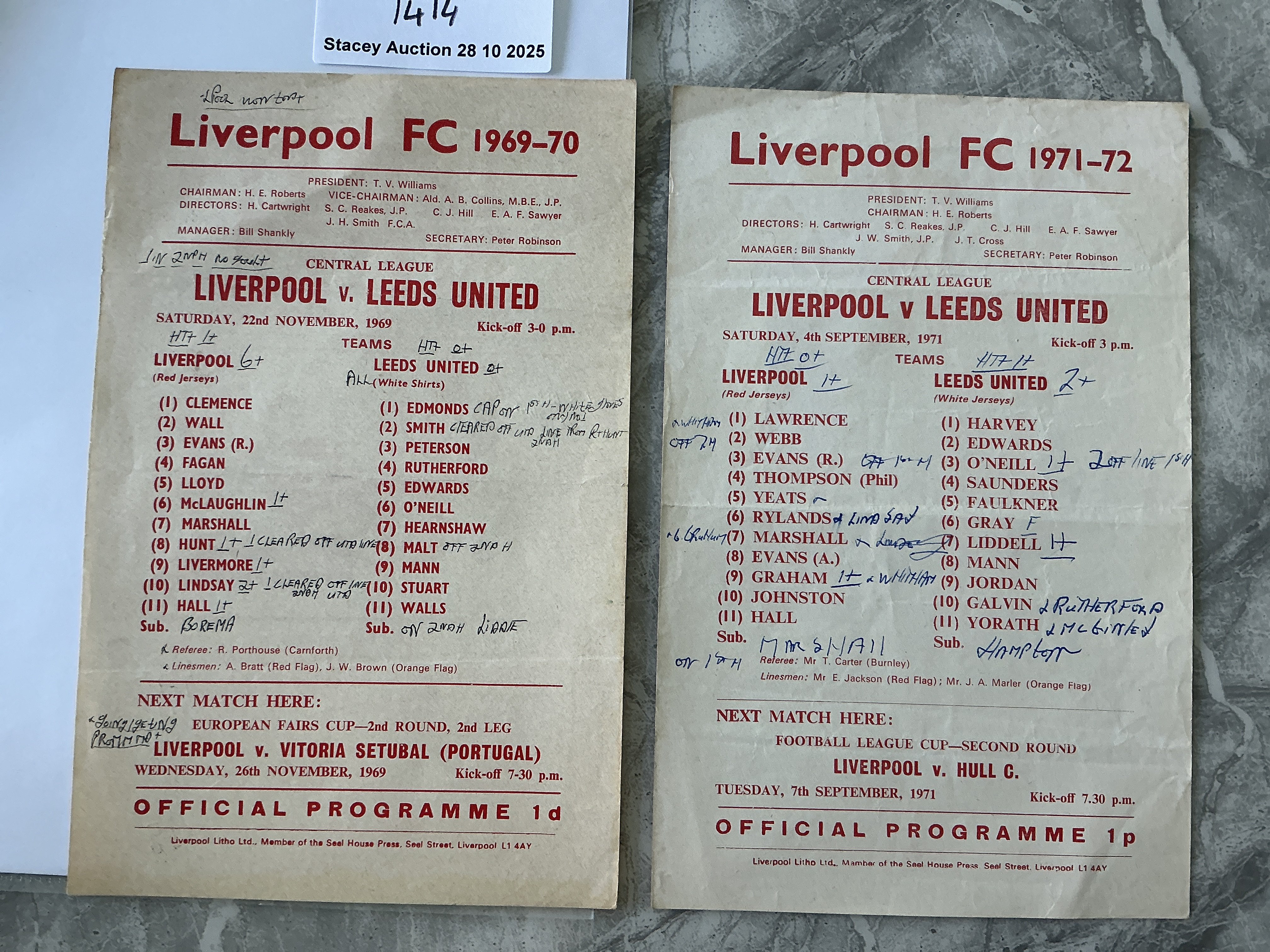 Liverpool v Leeds United Reserve Football Programmes: Central League matches from 69/70 and 71/72. Good condition but many team changes on the single sheets. (2)