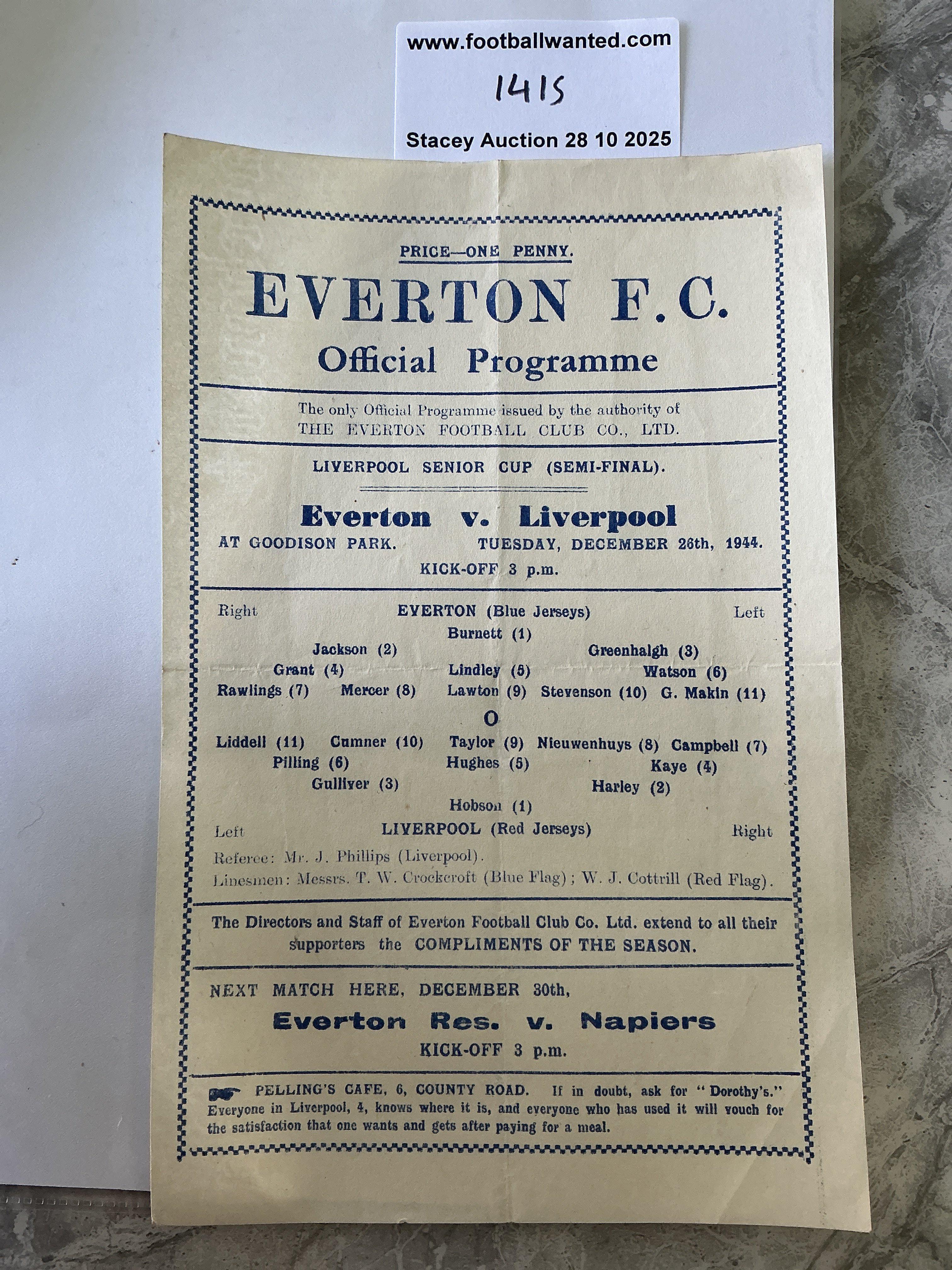 44/45 Everton v Liverpool Semi Final Football Programme: Liverpool Senior Cup SF single sheet in excellent condition with no team changes. Folding.