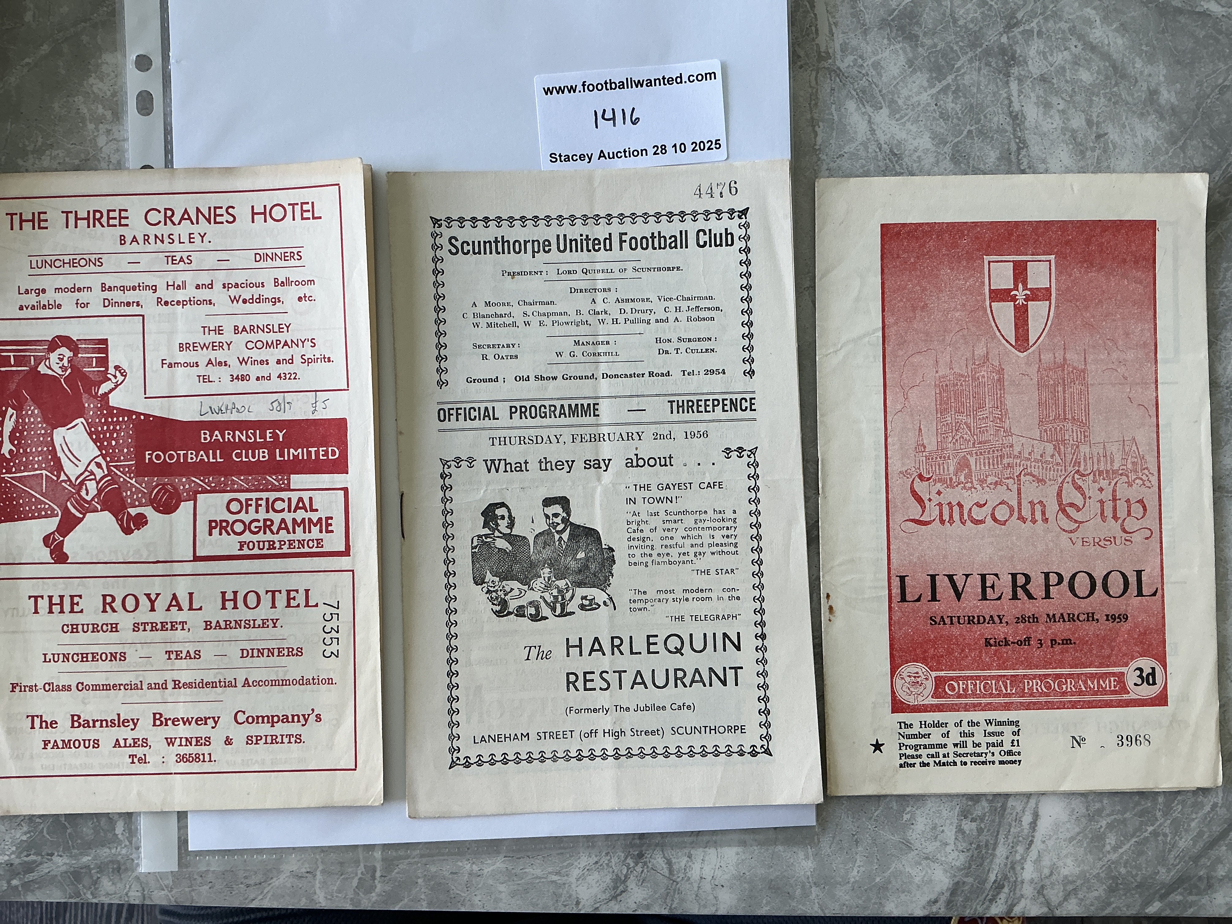 1950s Liverpool Away Football Programmes: 55/56 Scunthorpe, 58/59 Lincoln + Barnsley. Very good. (3)
